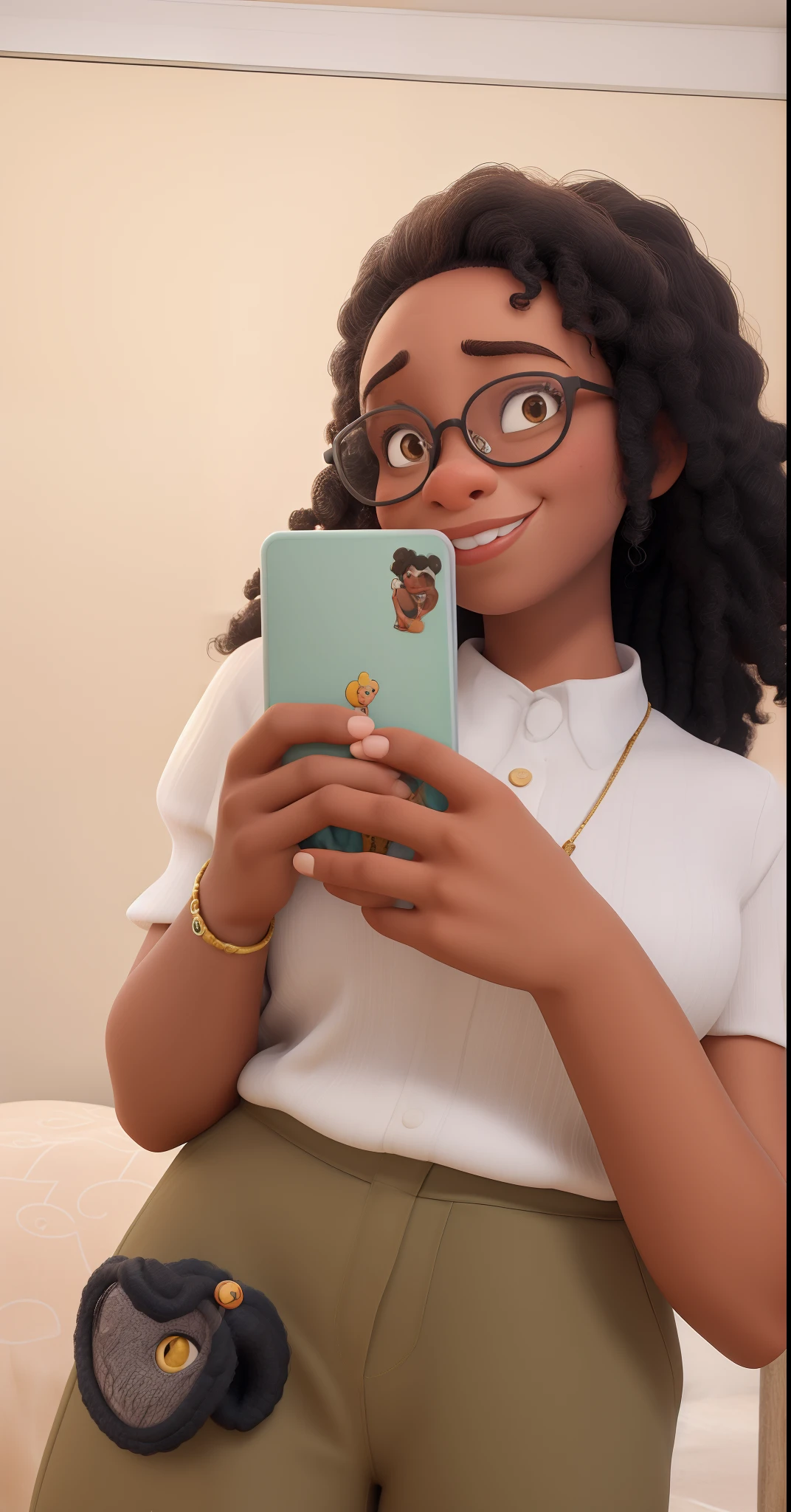 Black woman with curly hair and disney pixar style glasses, alta qualidade, melhor qualidade