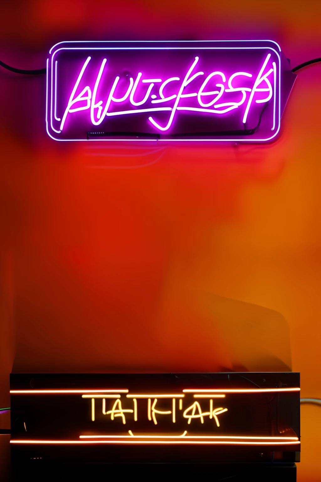 Black and purple neon sign saying “Tattoo supplies restocked” in a slightly light dark room