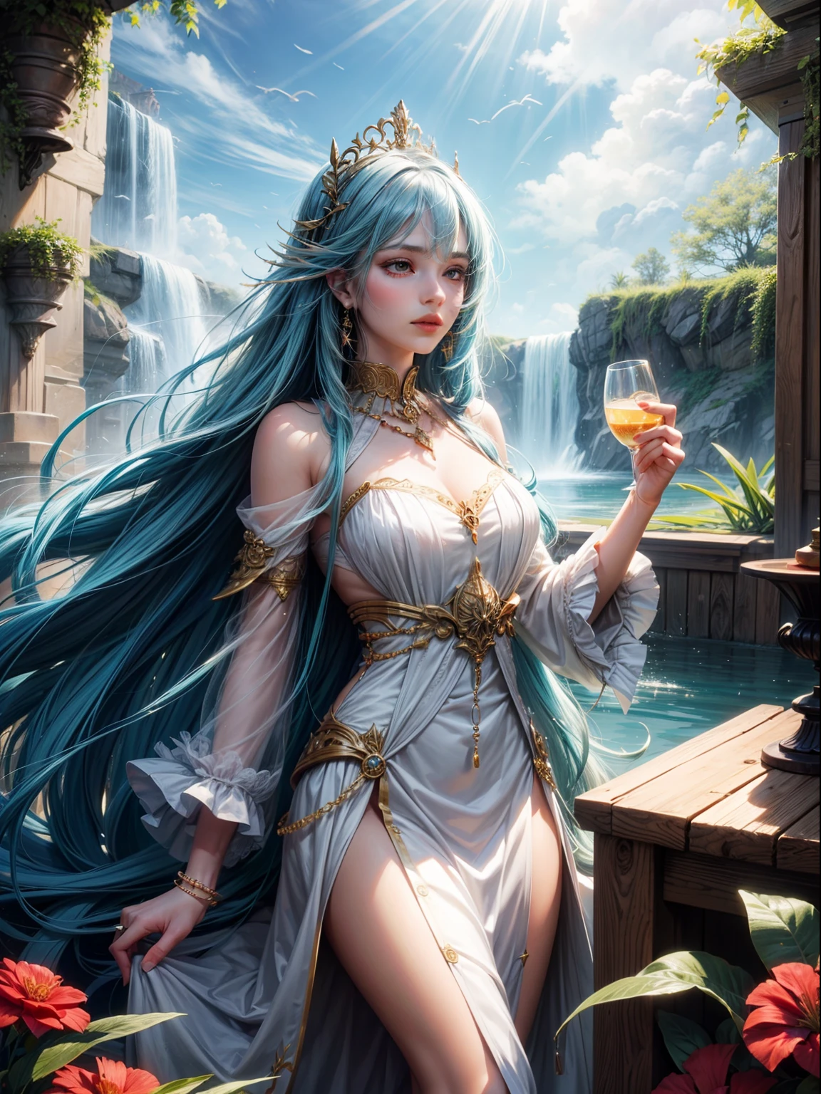 early evening,Fantasy style female character sitting on an old tree,The facial features are extremely beautiful,long haired,elegant hair,Blue and white pottery long dress,Layered skirt,Dynamic pose,front look,Perfect composition,rivulets,falls,starry light,glowworm,flor branca,Splash water,Look from the bottom up,Ning Rongrong,