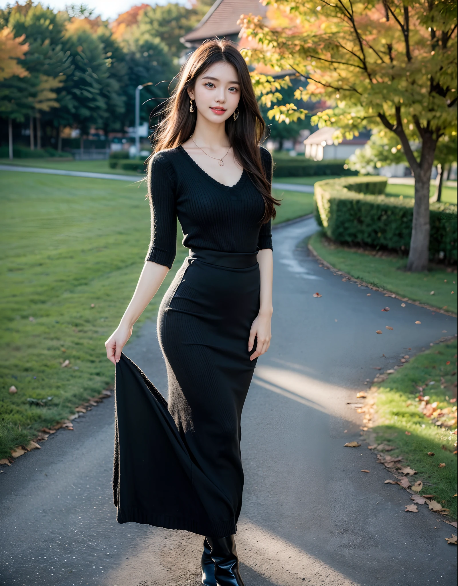 (Masterpiece:1.3), (realisitic:1.3), 8K, Very high resolution, overexposure, Cinematic lighting, Dynamic lighting, Detailed hair, Real hands, DetailPace, DetailEyes, A -yeld giwith a pretty face, Uljang, Blue Eyes, Long Brunette Hair, Middle breast, Perfect Body, Translucent white skin, Earrings, necklaces, blush, hilarious, Smile, teeth, ((Black Knitted Top:1.3)), ((Black long dress:1.3)), (((Lifting skirt1.2))), (black long boots:1.3), 안으로 , (((windy))), ((Autumn)), (((Standing)))