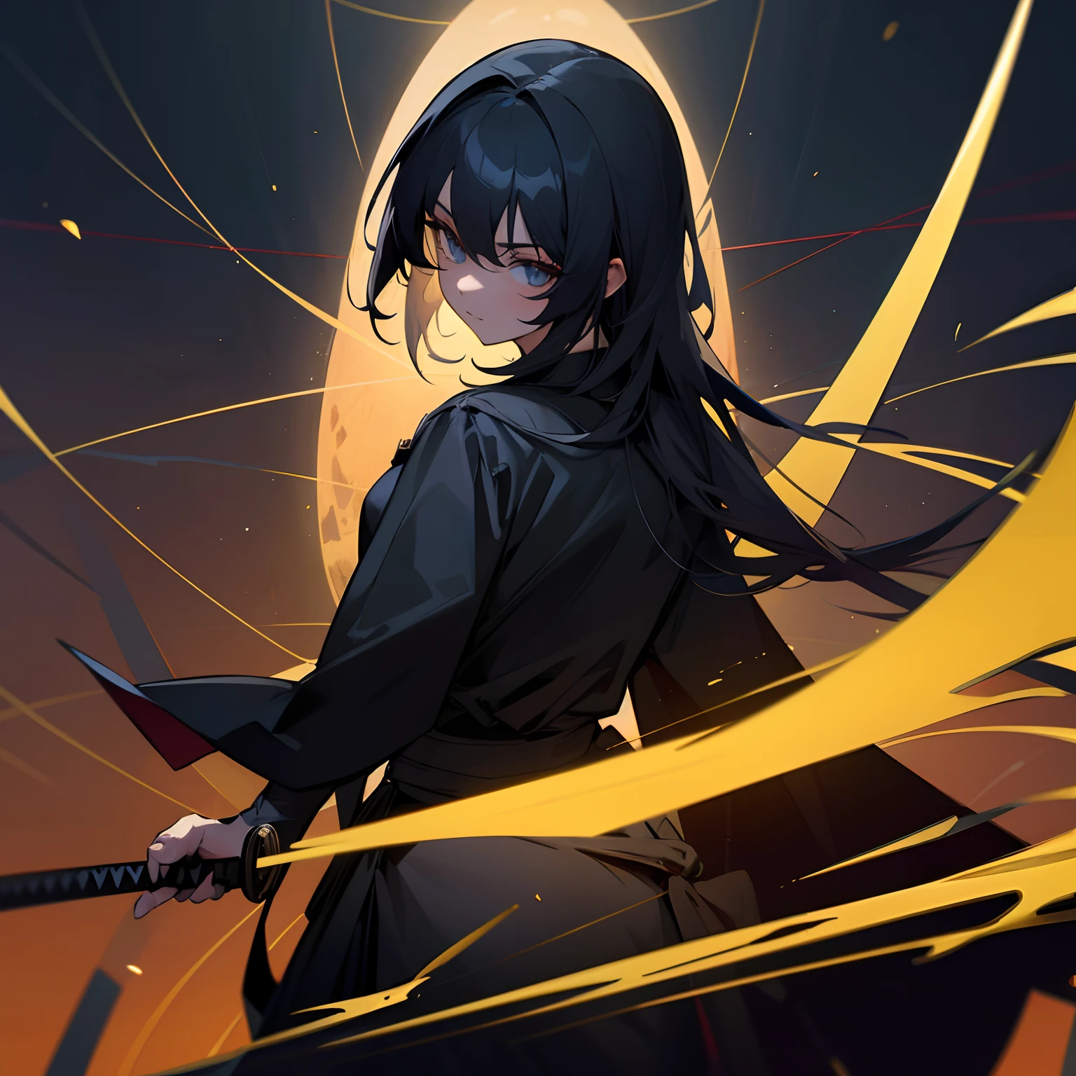 cidade,absurdos,alta resolução, ultrasharp, 8k,cabelo longo preto,olhos pretos,roupa rasgada,segurando uma katana,a noite