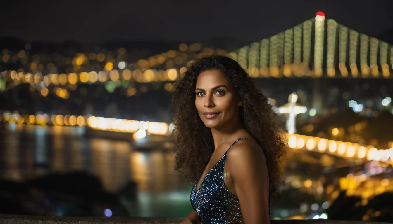 gorgeous young Martinican woman, in front a big city in the night, wearing a long dress full body, beautiful face, masterpiece, best quality, ultra-detailed, solo, shadows, contrast, cinematic light, side lighting, ultra high resolution, best shadow, RAW, 4K, 85 mm, poca profundidad de campo, Kodak Vision color, extremadamente detallado, Cinematrographer_\(ultra\), photorealistic, realistic, postproceso, Maximum details, aspereza, vida real, ultra realista, fotorrealismo, Cinematographer, 8K UHD, Cinematographer