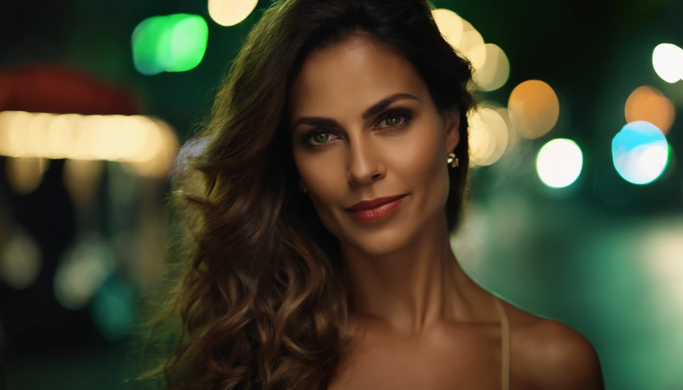 1woman, age40, green eyes Rio de Janeiro street,night, cityscape,city lights, upper body,close-up, 8k, RAW photo, best quality, masterpiece,realistic, photo-realistic,