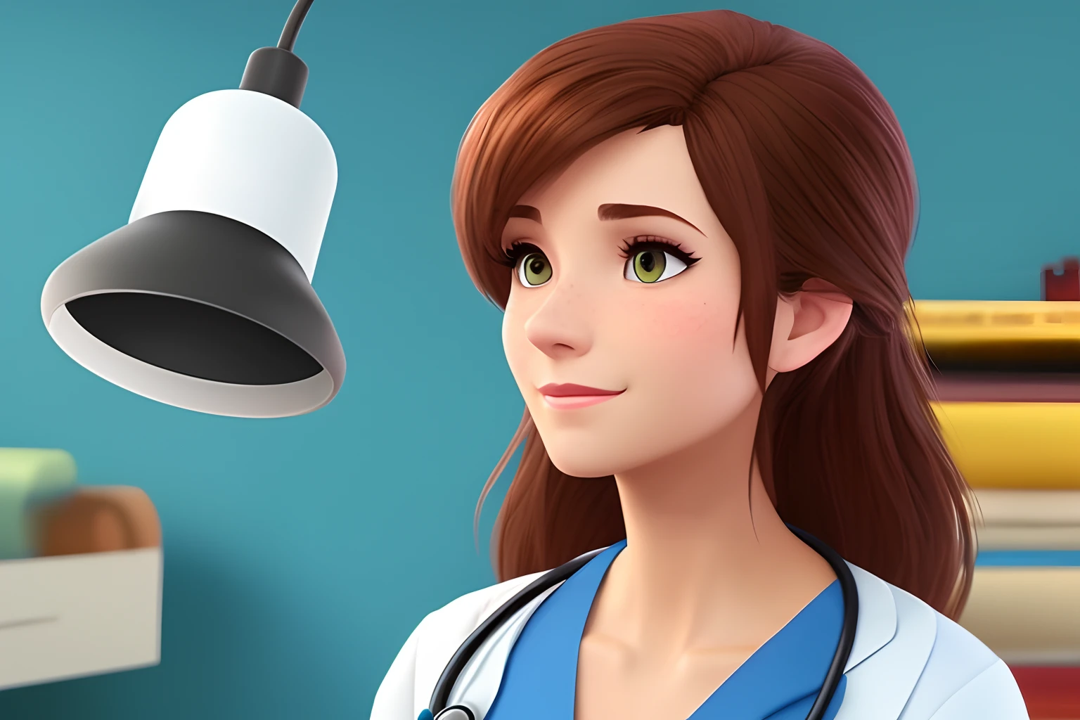 Crie um personagem no estilo Disney Pixar: mulher, branca, cabelo castanho escuro, cabelo liso, Medium-sized hair, olhos castanho-escuro, female doctor, neurologista, fofa