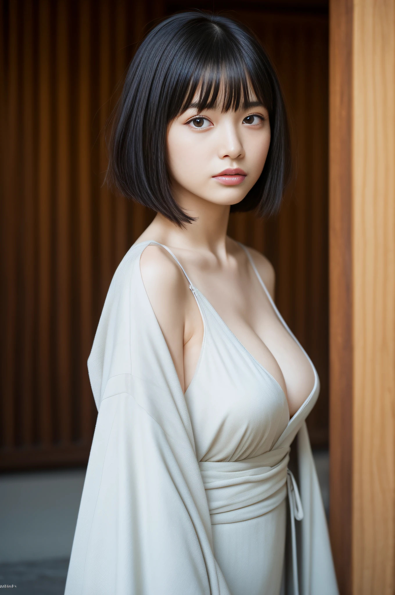 1人、Shiny hair、A dark-haired、On-eyebrow bangs、Short Bob Cut Hair、Nicely aligned neckline、cute little、beatiful detailed eyes、Akame、Vampires、Teeat breast、large full breasts、White underwear、Wearing a black kimono、Squat movements、The main hall of the Japan Temple、Keep your back straight,Perfect Anatomy、depth of fields、Center the subject、(Photorealsitic:1.4)、fullllbody、extra detailed face、a scene from a movie、Natural Day Light