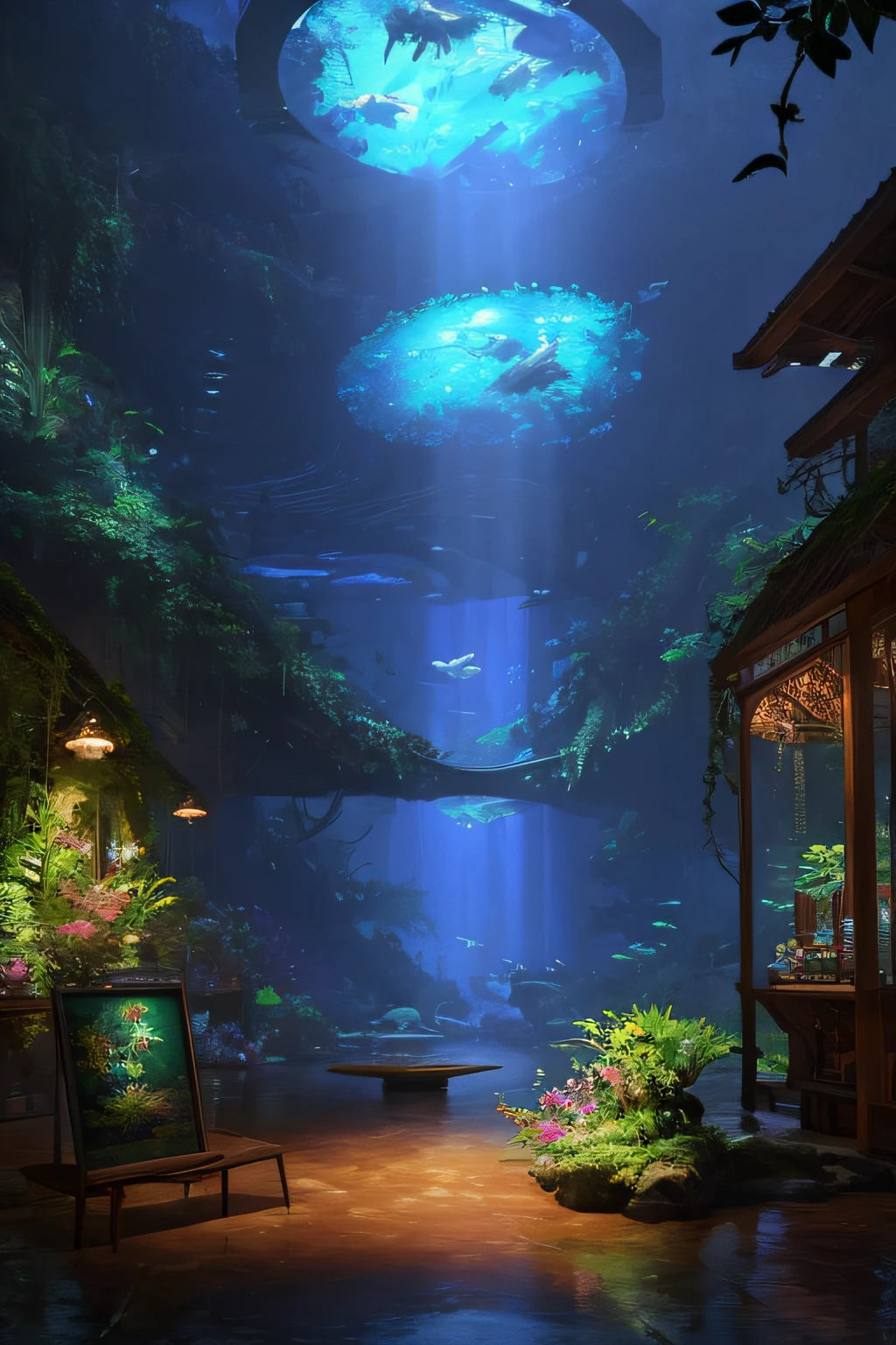 Futuristic aquarium in the jungle、（a closeup））the detail、Muddy floors、rainy days、digitial painting、art  stations、concept-art、Breathtaking、high-detail、Very detailed、Beautiful fece、Establishment Shot、hyper realisitic、Unreal Engine 5