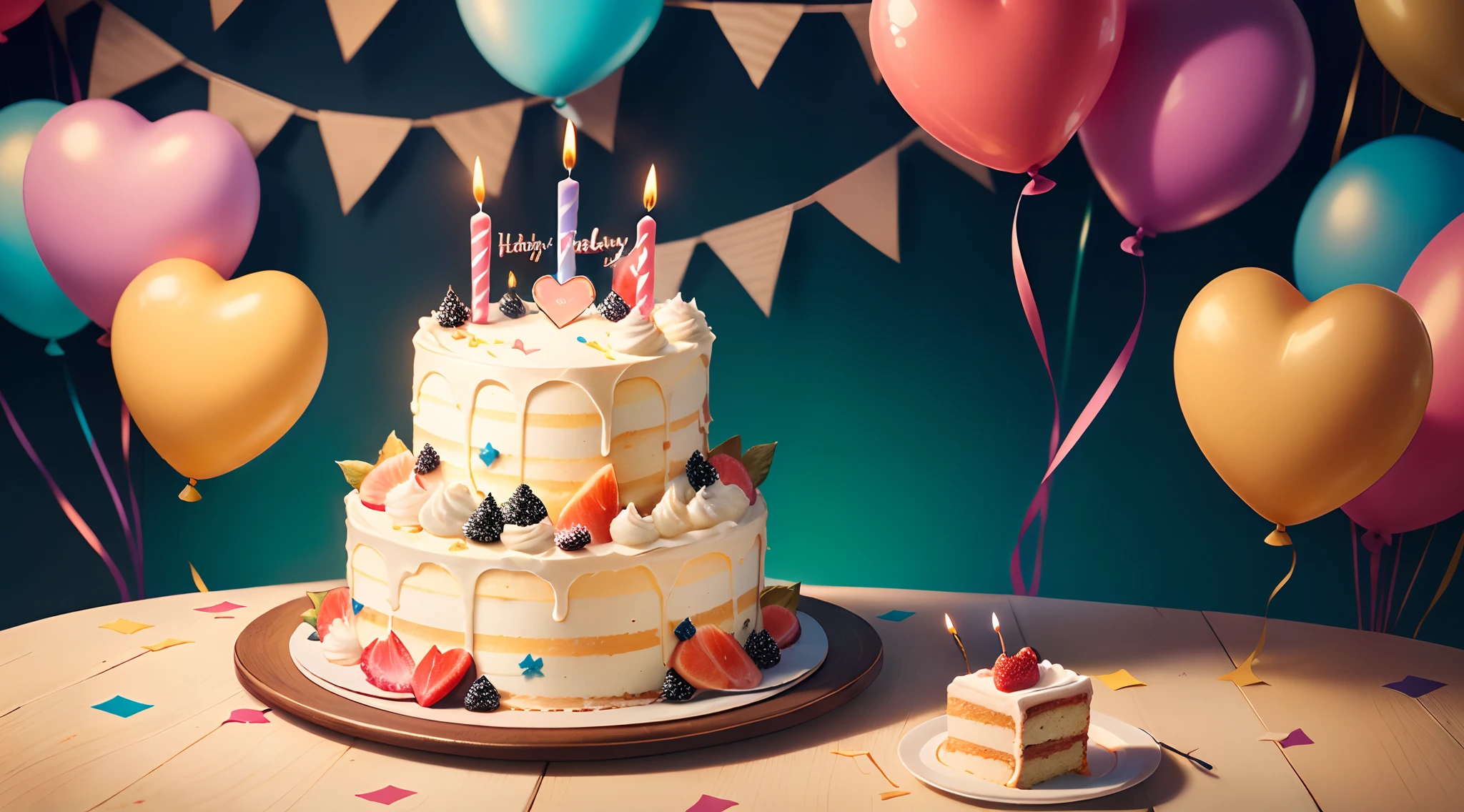 Birthday party with delicious cake, Heart，There are birthday candles and colorful balloons, Full of shredded paper, Backgroud de salar de festas