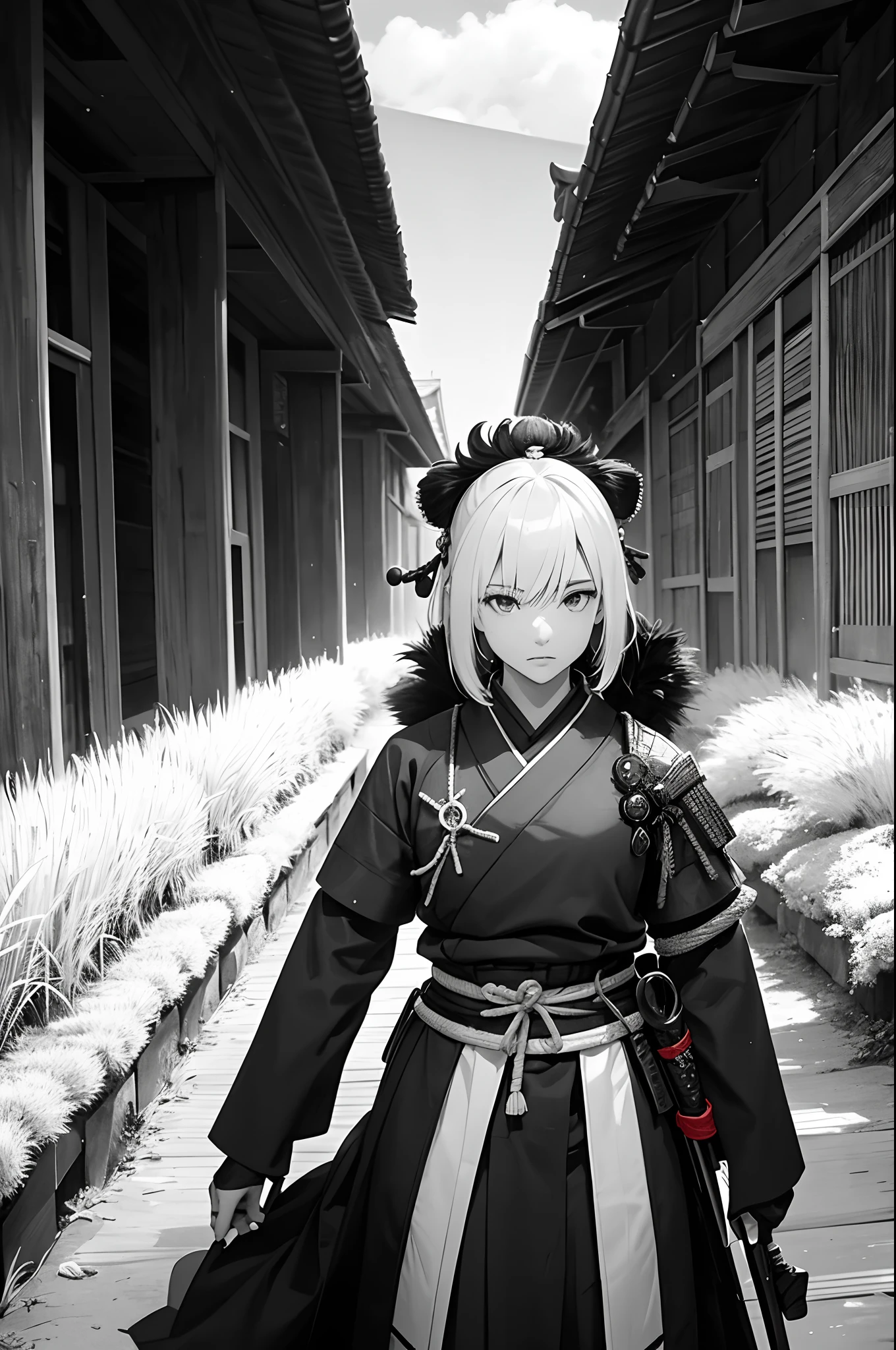 1 samurai, Ronin, com espadas, poses com espadas, Caminhando em um campo de arroz, Noite com raios, estilo Akira Kurosawa, altamente detalhado, alta resolução, cinemactic, Various details in the scenario, Era feudal japonesa, Japanese Empire, imagem em preto e branco