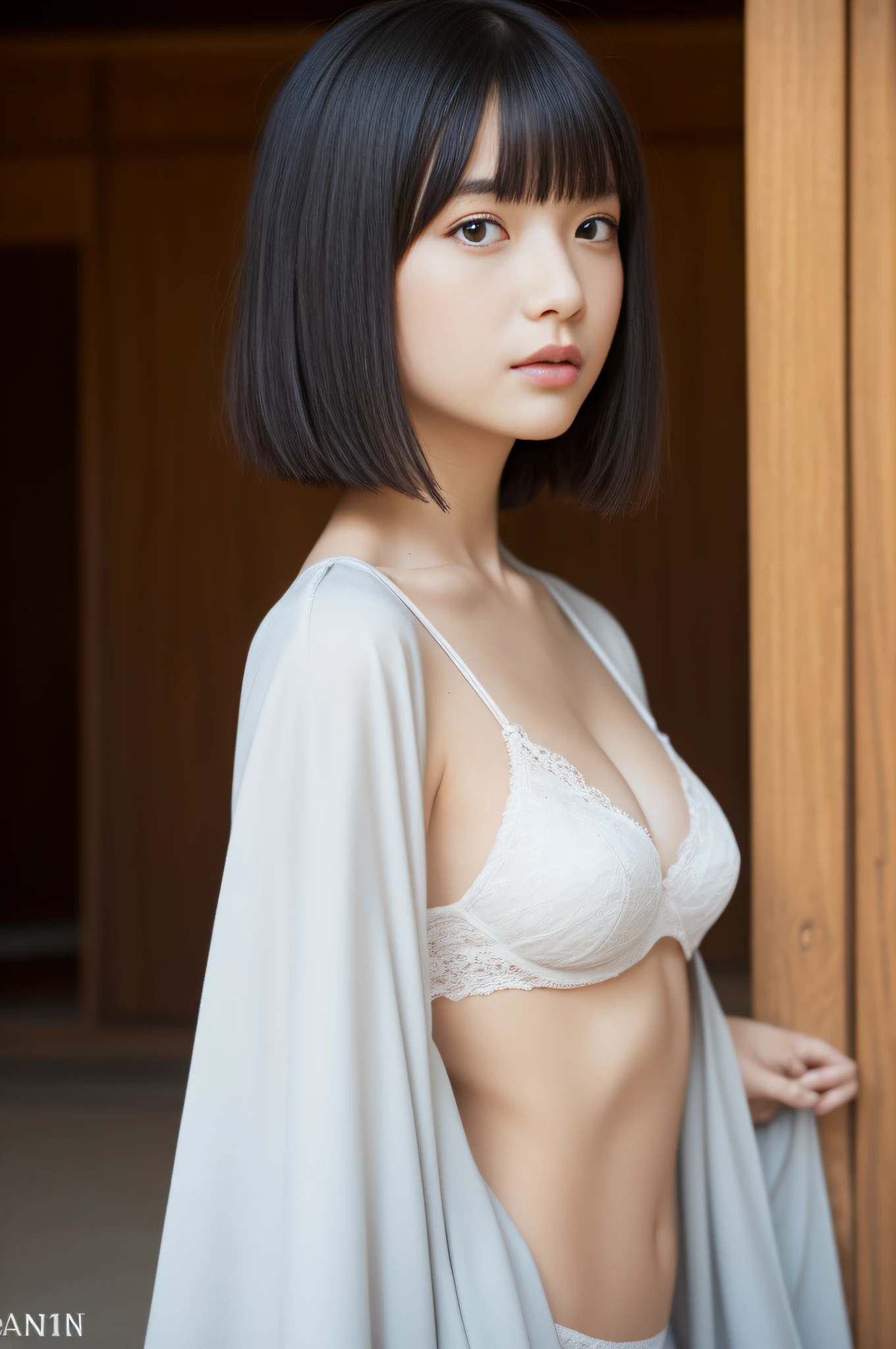 女の子1人、Shiny hair、A dark-haired、On-eyebrow bangs、Short Bob Cut Hair、Nicely aligned neckline、cute little、beatiful detailed eyes、Akame、Vampires、Teen、flat breast、small tits、White underwear、Wearing a black kimono、Squat movements、The main hall of the Japan Temple、Keep your back straight,Perfect Anatomy、depth of fields、Center the subject、(Photorealsitic:1.4)、fullllbody、extra detailed face、a scene from a movie、Natural Day Light