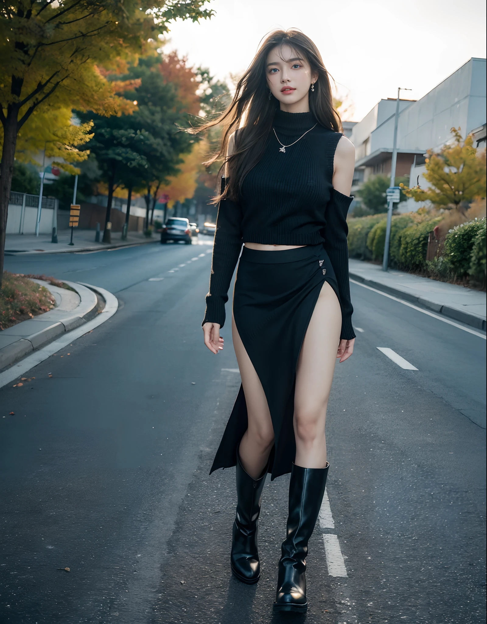 (Masterpiece:1.3), (realisitic:1.3), 8K, Very high resolution, overexposure, Cinematic lighting, Dynamic lighting, Detailed hair, Real hands, DetailPace, DetailEyes, A 17-year-old girl with a pretty face, Uljang, Blue Eyes, Long Brunette Hair, Middle breast, Perfect Body, Translucent white skin, Earrings, necklaces, blush, hilarious, Smile, teeth, (Black Knitted Top:1.3), (Black long dress:1.3), (((Lifting skirt))), (black long boots:1.3), 안으로 , windy, ((Autumn)), (((Standing)))