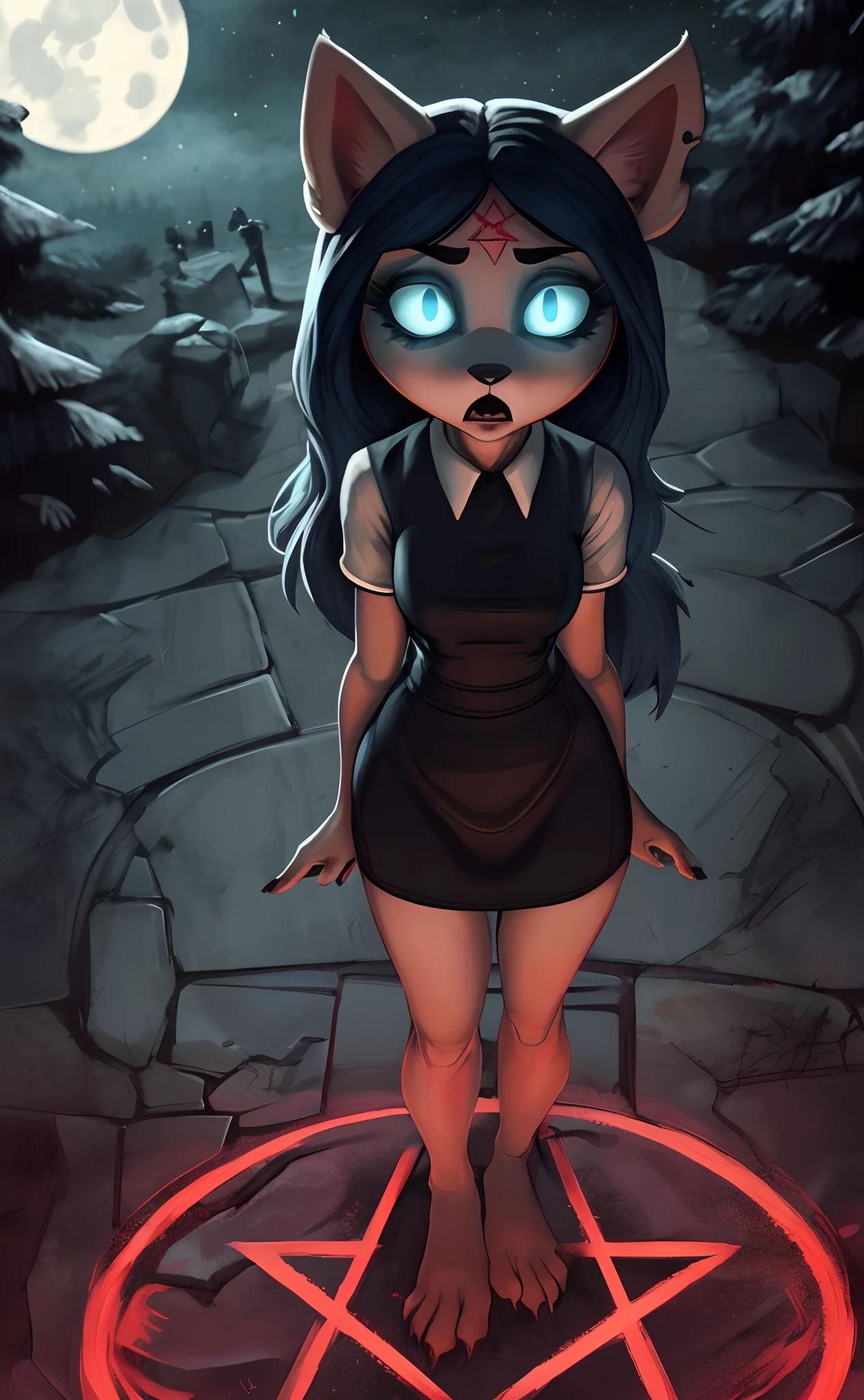 [Claire (the summoning)], [Uploaded to e621.net; (Pixelsketcher), (wamudraws)], ((masterpiece)), ((1girl)), ((solo portrait)), ((full body)), ((POV)), ((upper-lower angle view)), ((furry; anthro)), ((detailed fur)), ((detailed shading)), ((beautiful render art)), ((cinematic lighting)), ((horror)), ((menacing)), {anthro; (slim figure), white fur, black nose, (cut on left ear), long blue hair, (bang over left eye), (pink glowing pentagram on forehead), (cute cyan cat eyes), (glowing eyes), (slit pupils), (gorgeous hips), (beautiful legs), (beautiful feet), (black claws), (expressionless)}, {(short sleeve black white-collared shirt), (tight short bodycon dress), (upskirt light-blue panties)}, {(standing over viewer), (arms at side), (looking down at viewer)}, [background; (park), (nighttime), (starry sky), (full moon), (ambient lighting)]