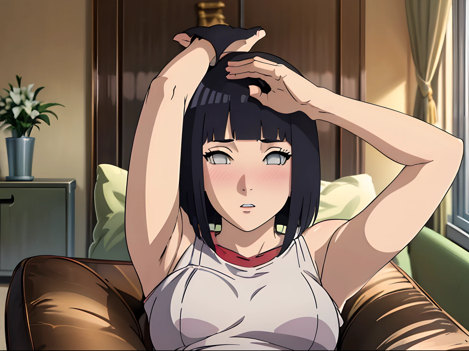 (Best quality:1.3), ,,Medium breasts, White top, Shorts, angle of view, Be red in the face,Blush 1.5,inside in room,liveroom,Sitting,Show off your thighs,Particularly heavy blush,Pose while lying on the couch,with short black hair,One leg up,Hold your legs with both hands