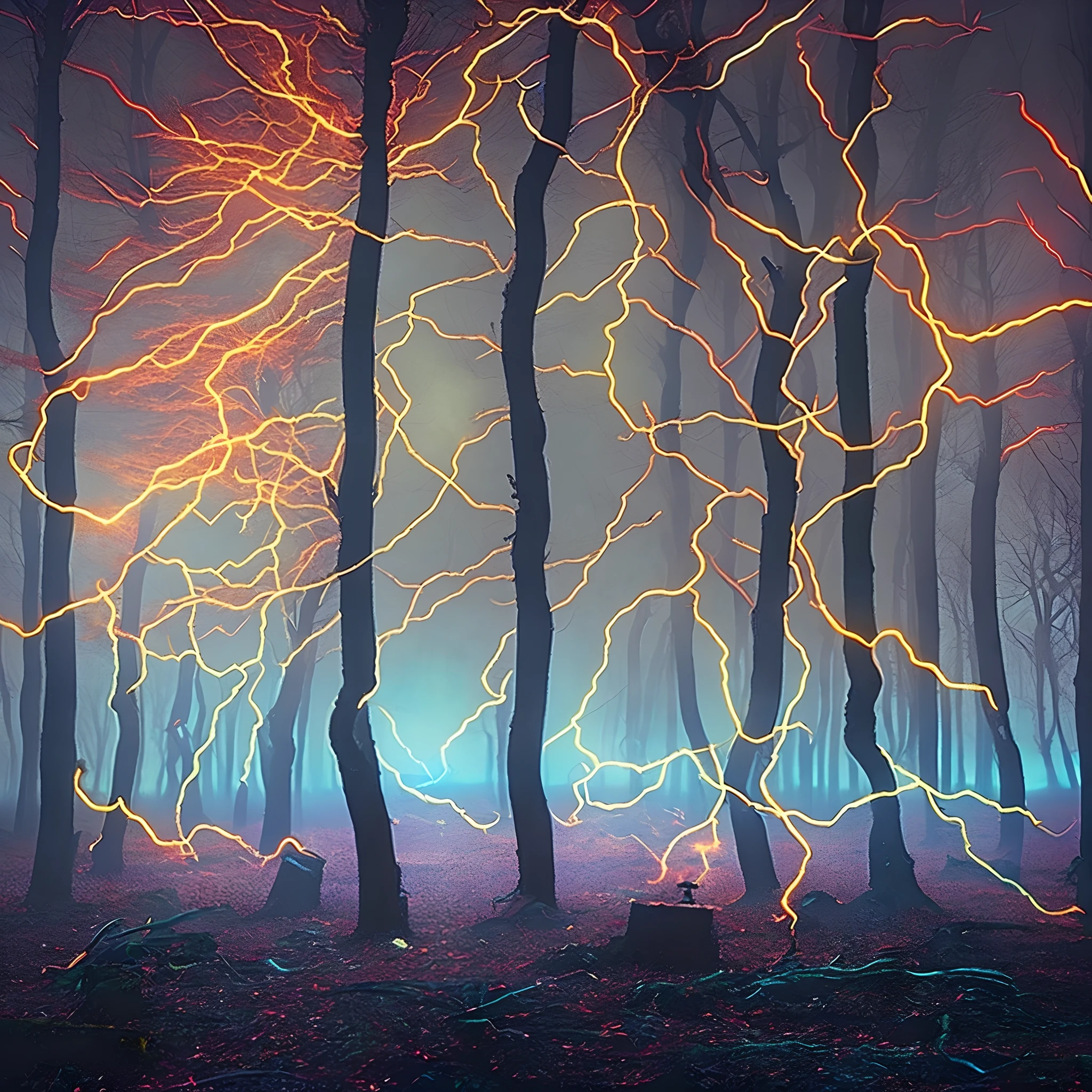 80s, retro, spooky forest, album cover art, dark, gloomy, lightning storm in back ground, electric, lighting, energy, blue electricity