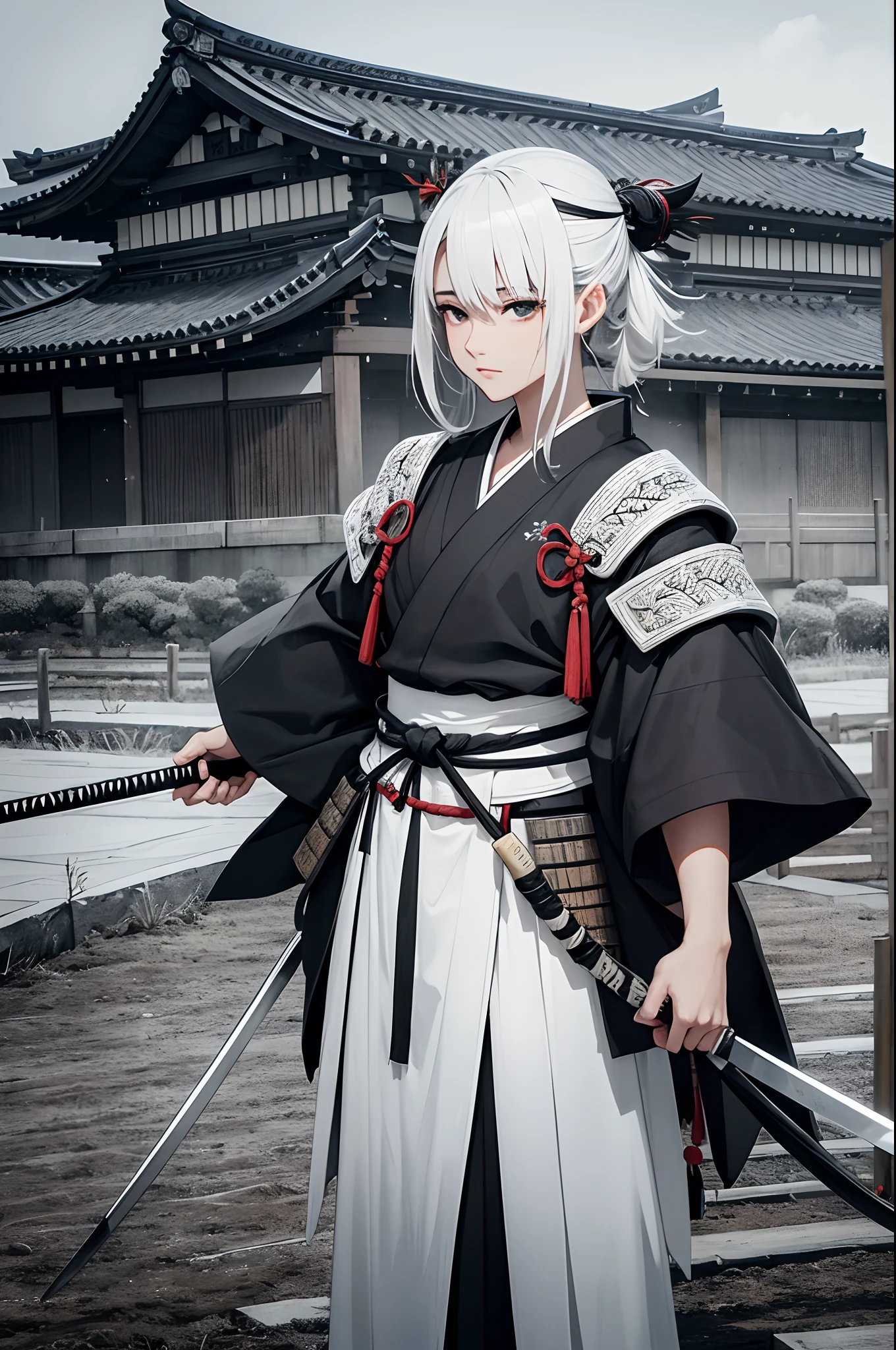 1 samurai, Ronin, com espadas, poses com espadas, Caminhando em um campo de arroz, Noite com raios, estilo Akira Kurosawa, altamente detalhado, alta resolução, cinemactic, Various details in the scenario, Era feudal japonesa, Japanese Empire, imagem em preto e branco