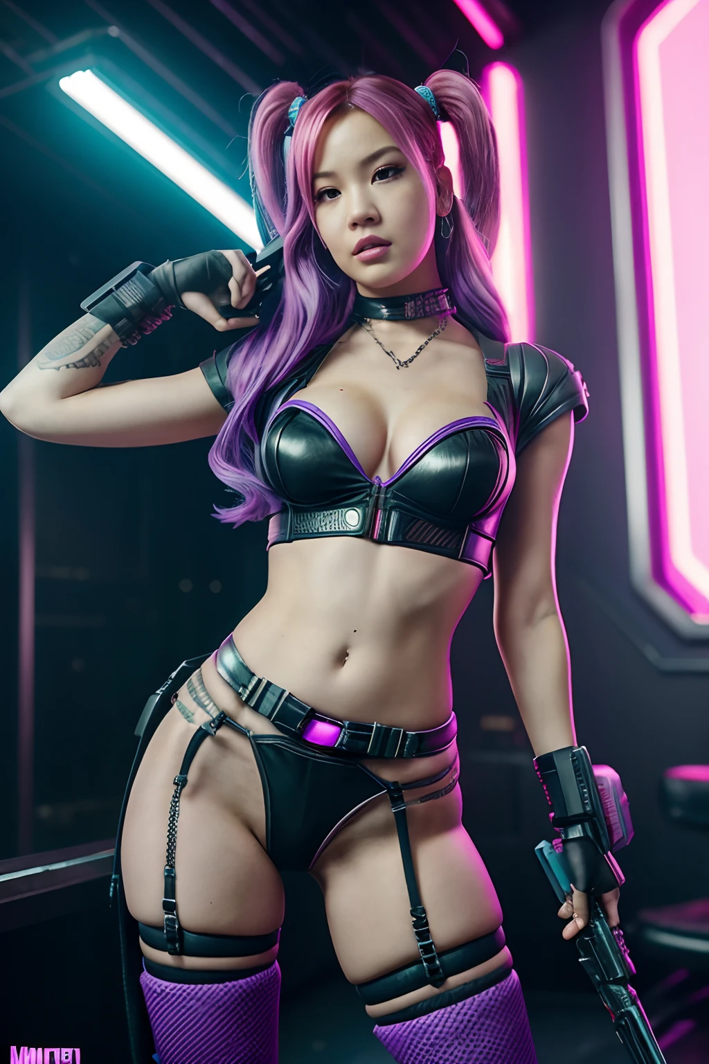 (((Rosie blackpink))) dressed in cosplay of ((jinx))(front view) (open legs) (M-shaped) araffe cosplaying with a gun and a purple outfit, jinx from league of legends, jinx from arcane, vi from league of legends, alice in wonderland cyberpunk, vi from arcane, cyberpunk angry gorgeous goddess, arcane jinx, in cyberpunk style, seductive cyberpunk dark fantasy, oppai cyberpunk, cyberpunk 2 0 y. o model girl, cyberpunk vibes, fit belly, skinny, bare belly, mini top, panties is to small, mini thong, mini panty