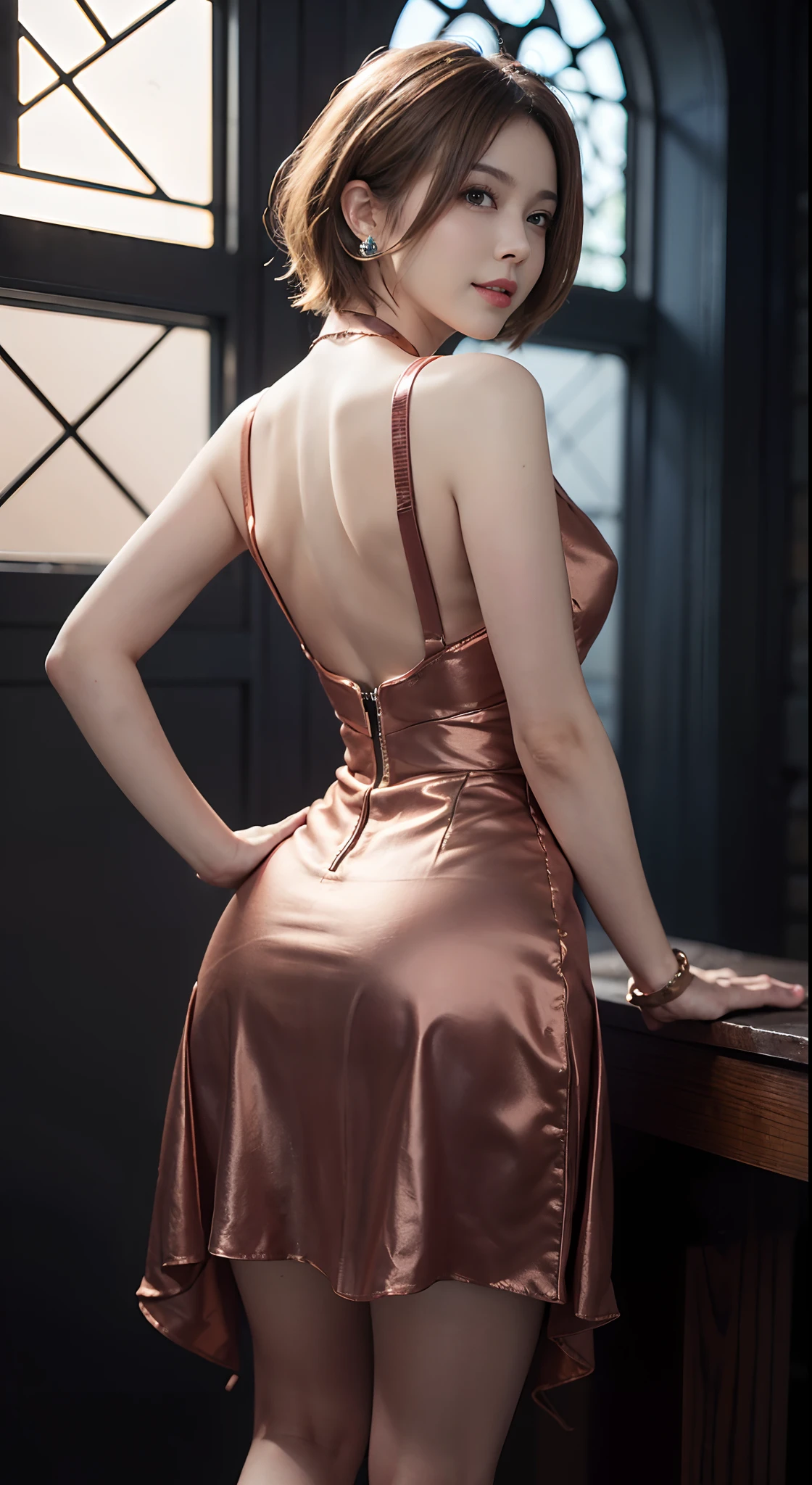 (​master piece: 1.3), (10, photorealistic portrait, Raw photo, top-quality: 1.4), (1girl in), Exquisiteface, (Realistic face), (Slightly disheveled blonde hair, Short hairstyles:1.3), The best smile，Beautiful hairstyle, Realistic eyes, Beautiful detail eyes, (Realistic skin), Nice skin, Clean hands，Absurd, Attractive, Ultra-high resolution, A hyper-realistic, high-detail, Golden ratio, Beautiful earrings, Bracelets, Necklace,  Clear eyes, Walking , Front shot, (pale skin), Face forward, (Full body shot), (Looking at Viewer:1.3), Very slim, medium breasts, (Camel toe), thick thighs, turn back, (fluttering mini dress), ((Copper-colored sexy colored dresses)), (Tight skirt), ((backtrack, Back shot)), Ultra mini skirt, Butt sticking out pose， upper Shot，