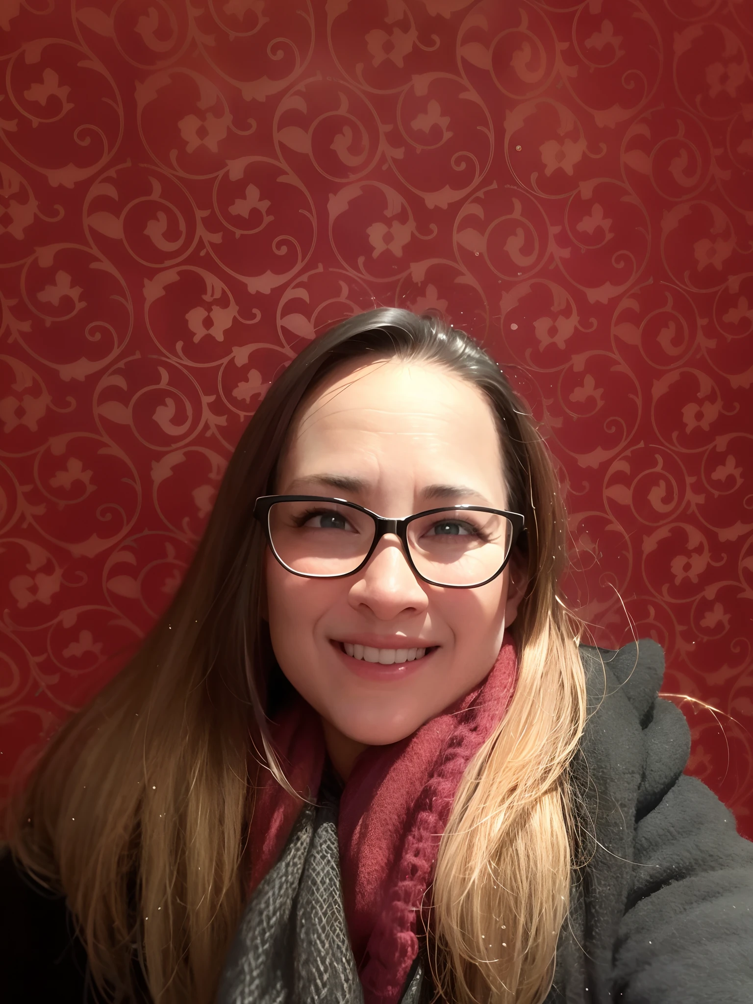 Smiling woman with glasses and a scarf in front of a red wall, vacation photo, Directed by: Linda Sutton, imagem de perfil, foto de perfil, Directed by: Kathleen Scott, Directed by: Gwen Barnard, Karen Vetch, foto do perfil, imagem do avatar, Sandra, Roxie Vizcarra, taken in the early 2020s, Directed by: Kristin Nelson, foto do snapchat, foto de perfil, Jenna Barton