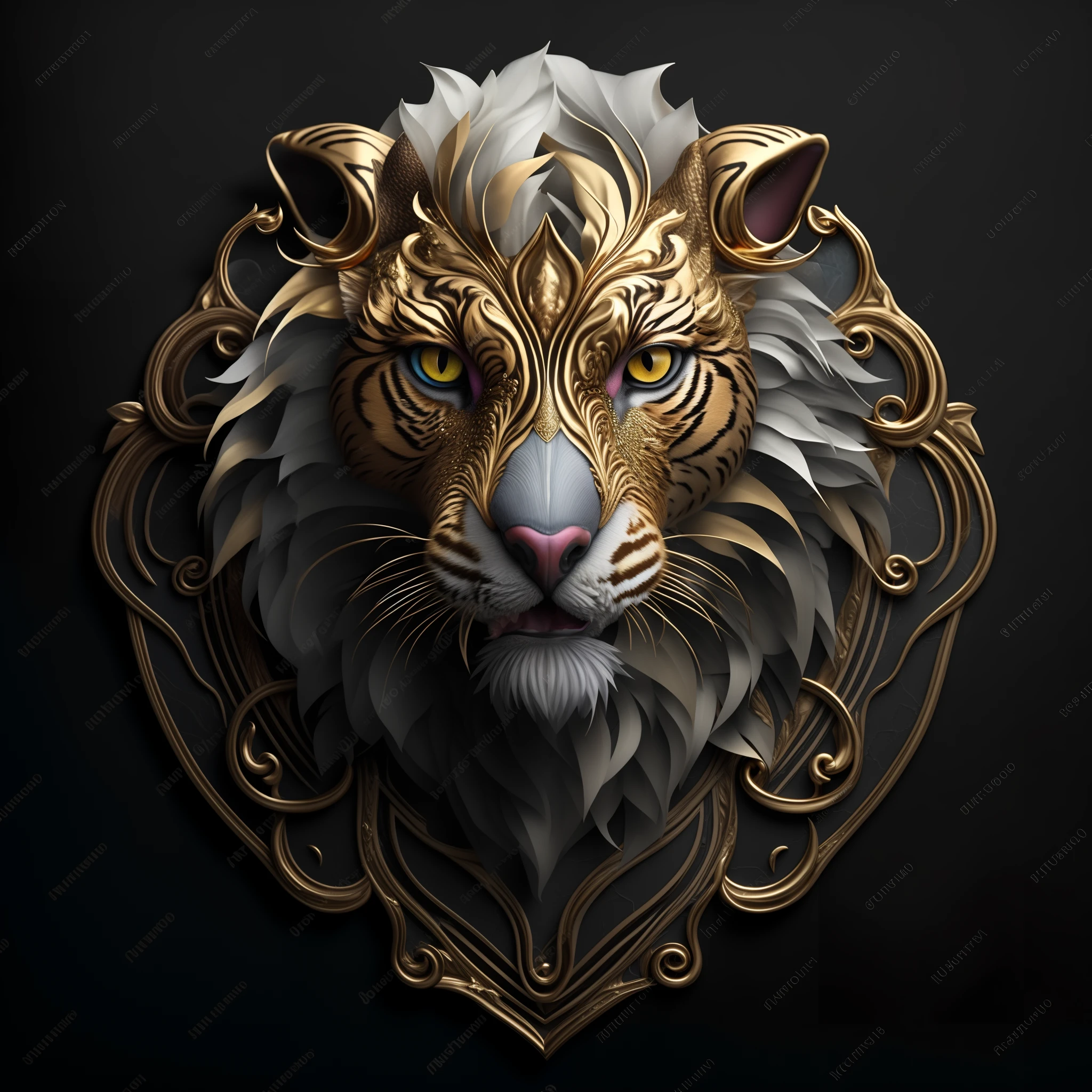 Close-up of the head of a pheasant tiger cat with gold and silver decorations, 8k high quality detailed art, Detailed digital 3D art, very detailed digital art, How to hire a 3D artist, extremely detailed art, striking detailed artstyle, catss_beast, very detailed digital art, highly detailed digital artwork, highly detailed Vector art, Tattoo 3D Design