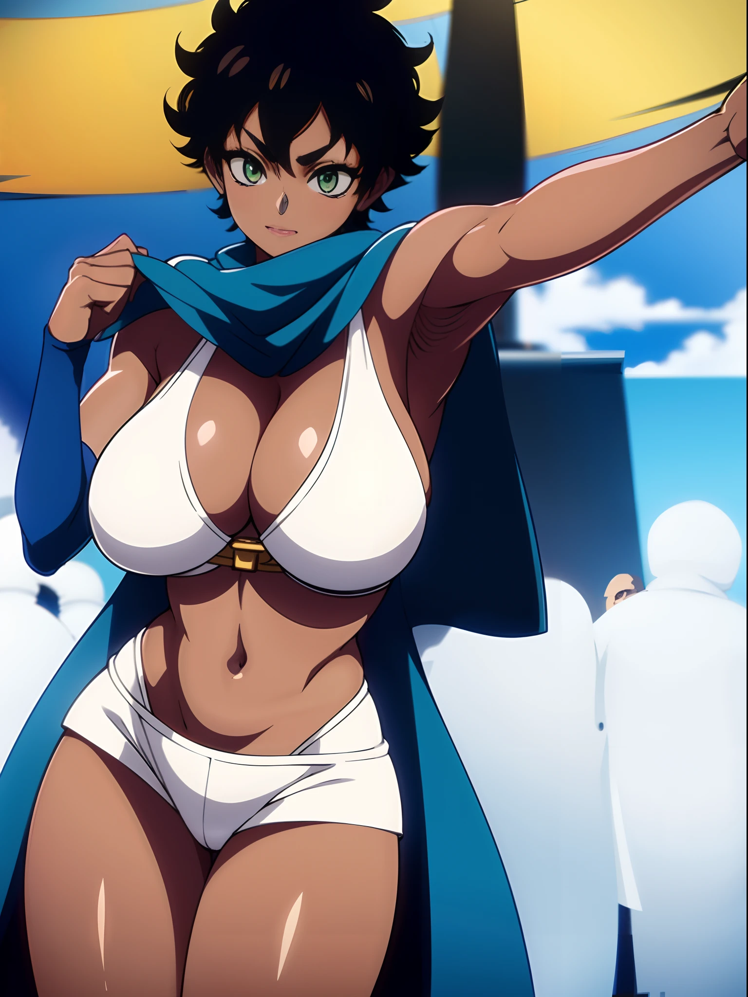 Sol is a tall, young woman with green eyes and brown skin. She sports short, ruffled black hair.
Sol wears a white tube top that exposes her cleavage and midriff, as well as white arm warmers that cover her elbows. She wears white shorts, along with white detached pants that reach slightly past her knees. The pants feature large slits that reveal her inner thighs, and are connected to her shorts via o-rings. She wears white shoes, as well as a black belt on her waist that holds her grimoire. She wears the Blue Rose robe on top of everything.