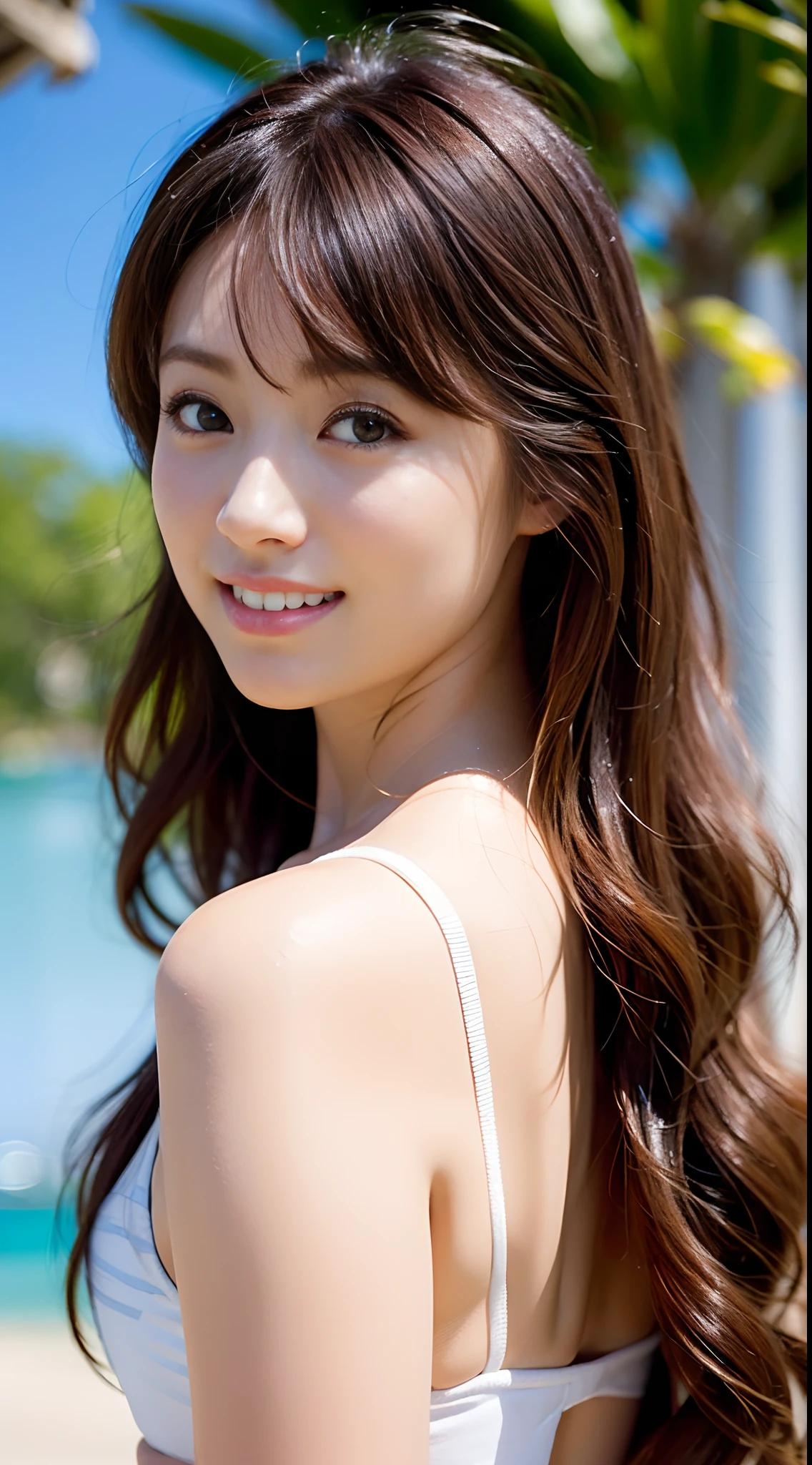 (((1girl in))),(((masutepiece))),(((ulzzang-6500))),(((perfect anatomia))),(((Hasselblad))),(((Sexy waist))),masterpiece,top-quality,超A high resolution,High detailed portrait,(photographrealistic:1.4),(((High nose and chiseled beautiful face))),((The combination of small chin and double chin is very cute)),White fair skin,(((Walk with your hands around the back of your neck))),Raise your chin and look up at the sky,Above Knee Shot,20yr old,cute little,Long glossy chestnut hair,length hair,Hair disheveled in the wind,((F Cup Beautiful Breasts )),(White attractive little string bikini),(Famous popular actresses of Japan),(Smile with the corners of your mouth raised,Happy face,sano),(Plump and glossy lips),Highly detailed eyes,((Really pure white sand beach)),((Disheveled bangs,Gaze staring at the sky,Long lashes are impressive,big eye,Distinct double eyelids,glowy skin,lipgloss)),(((perfect anatomia:1.4))),
