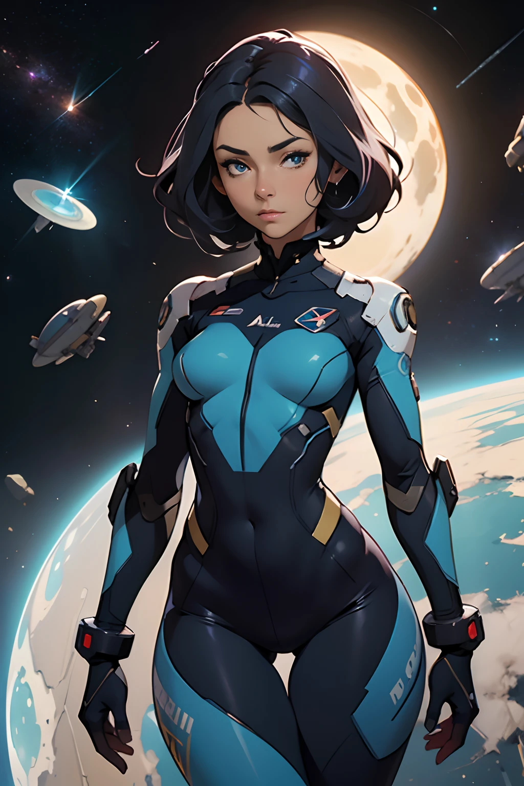(masterpiece、highest quality、highest resolution、clear_image、Detailed details): (full body figure、15 year old girl、Japanese face、small face、thin、navy blue super short bob cut hair、blue colored eyes、((navy long sleeve space suit、space helmet))、headset、cosmic handbag、cute type、gentle smile、soft expression、headset、(((knee high boots)))、gloves up to the elbow、eye level shot、face directly、woman on a spaceship), (((camel toe))), ((Pure white leotard))