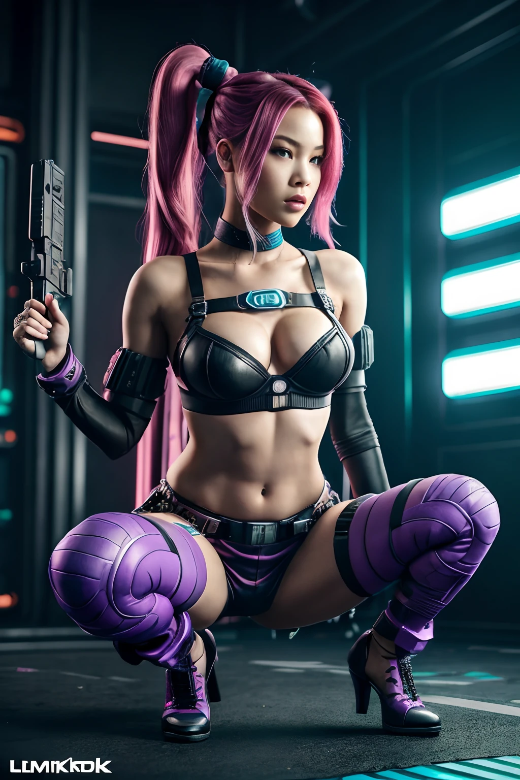 (((Rosie blackpink))) dressed in cosplay of ((jinx))(front view) (open legs) (M-shaped) araffe cosplaying with a gun and a purple outfit, jinx from league of legends, jinx from arcane, vi from league of legends, alice in wonderland cyberpunk, vi from arcane, cyberpunk angry gorgeous goddess, arcane jinx, in cyberpunk style, seductive cyberpunk dark fantasy, oppai cyberpunk, cyberpunk 2 0 y. o model girl, cyberpunk vibes, fit belly, skinny, bare belly, mini top, panties is to small, mini thong, mini panty (half squatting)