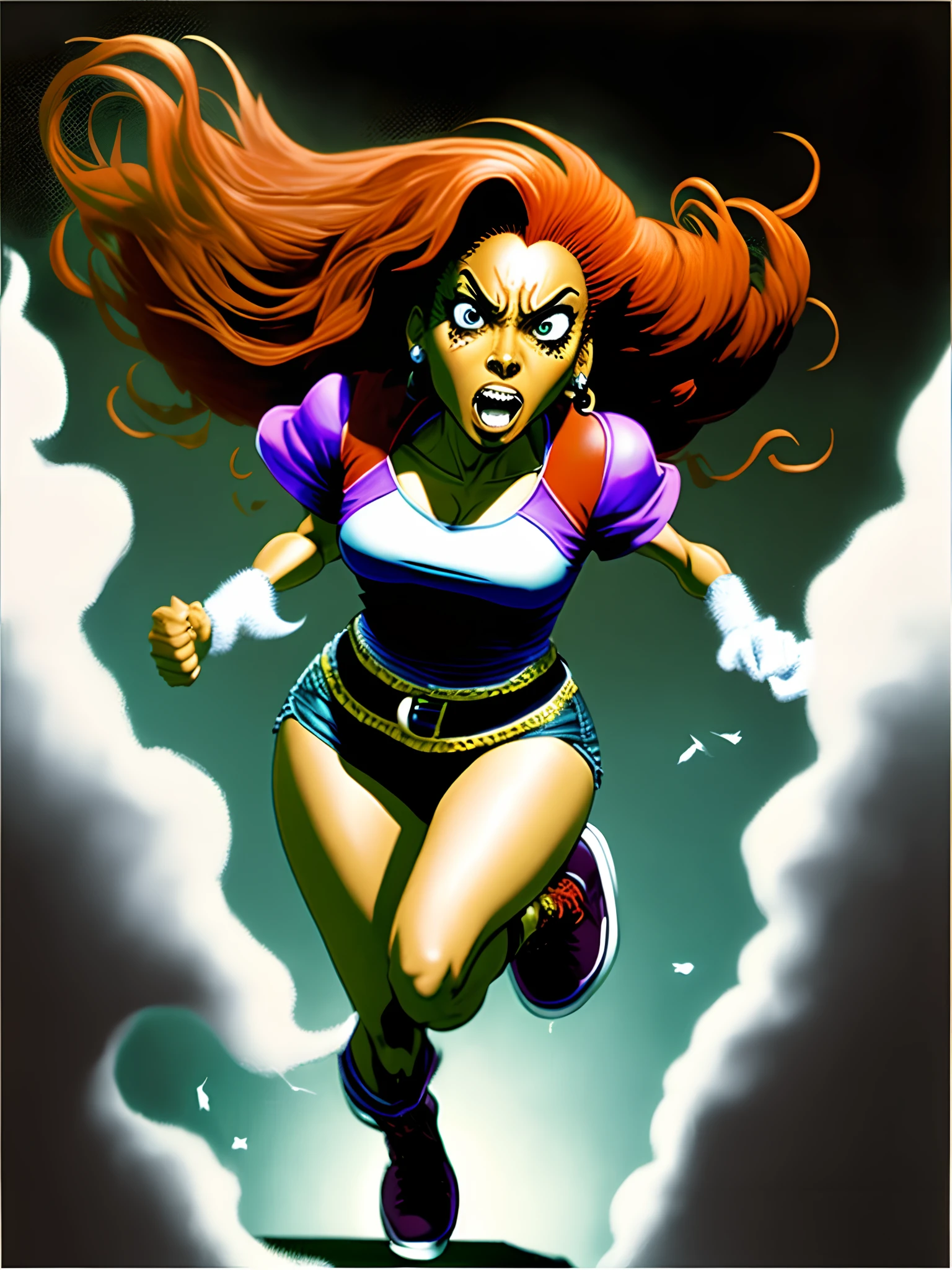 Wendy Williams running from Starfire, horrified, scared