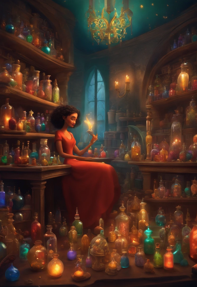 A collector of ideas inspired by Pixar animation, de perto. She is surrounded by a collection of magic vials, each containing a unique idea. The focus is on the character, with a captivating facial expression, Against a backdrop of shimmering, cores efervescentes.
