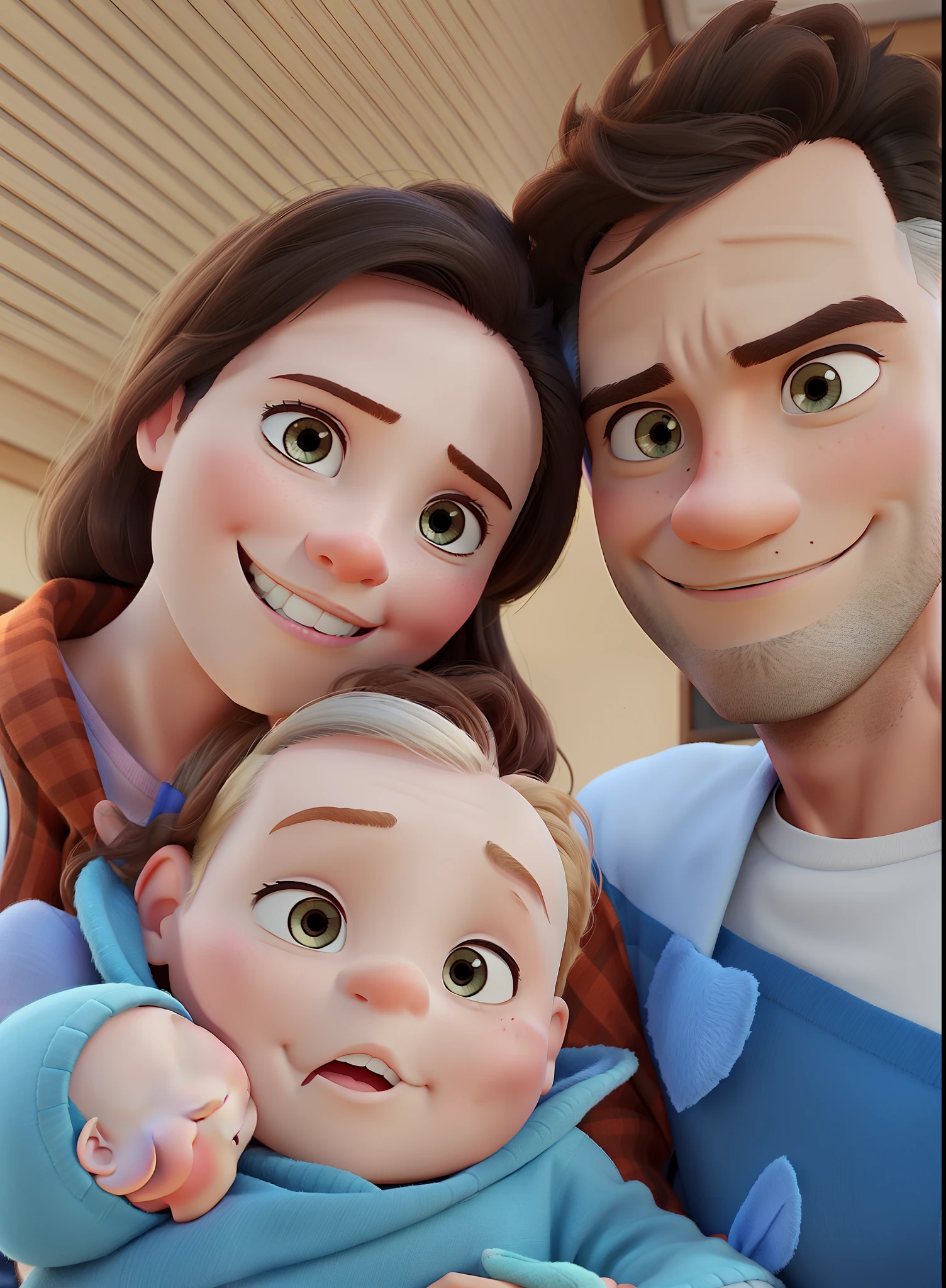 A man and woman holding a baby in the Disney pixar style