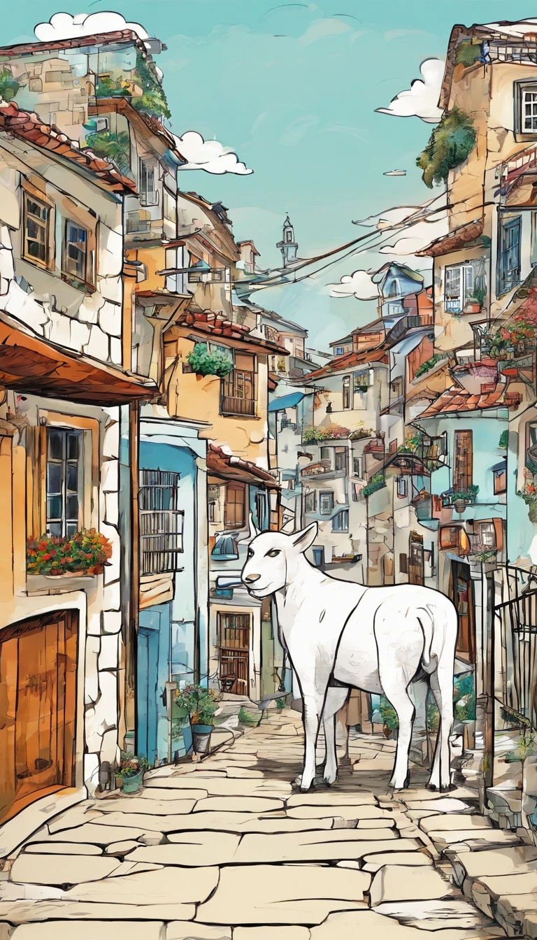 A commercial illustration with a good part in black and white, There is only one white lamb in it, muito peludo, standing out in the middle of the city due to its beauty. He finds himself in a town in which there is only him and an animal wolf, To your right is your very adorable wolf friend. O cordeiro possui um olhar muito fixo. The two are close to the center of the city in which the houses are light brown in color, estilo bem rustico. The city is portrayed in a natural way, com casas de madeira ao redor. The image should have a natural style with fine strokes and neutral colors, A touch of manga. O cordeiro deve ser representado em detalhes, with his expression demonstrating purity and determination in his task. A imagem deve ser em preto e branco com alta qualidade, with a pencil and ink caricature drawing style, com cores neutras e leves. Certifique-se de pegar o lobo cinza conversando com o cordeiro, but not so glued together symbolizing happiness and hope in the face of life's challenges.", 16k