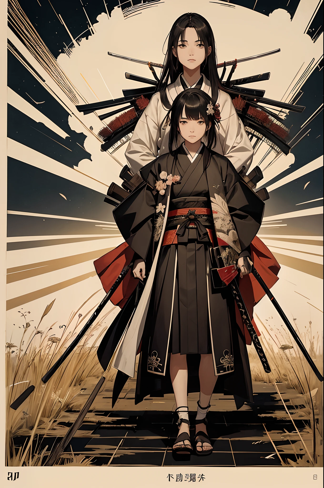 1 samurai, Ronin, com espadas, poses com espadas, Caminhando em um campo de arroz, Noite com raios, estilo Akira Kurosawa, altamente detalhado, alta resolução, cinemactic, Various details in the scenario, Era feudal japonesa, Japanese Empire.