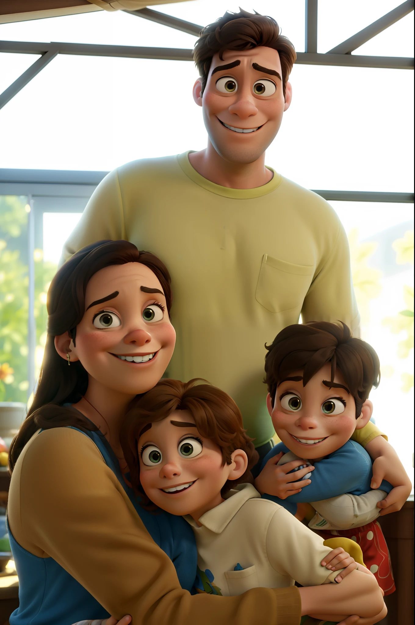 A family with 1 woman, 1 Man and 2 Kids Disney Pixar Style High Quality, melhor qualidade.