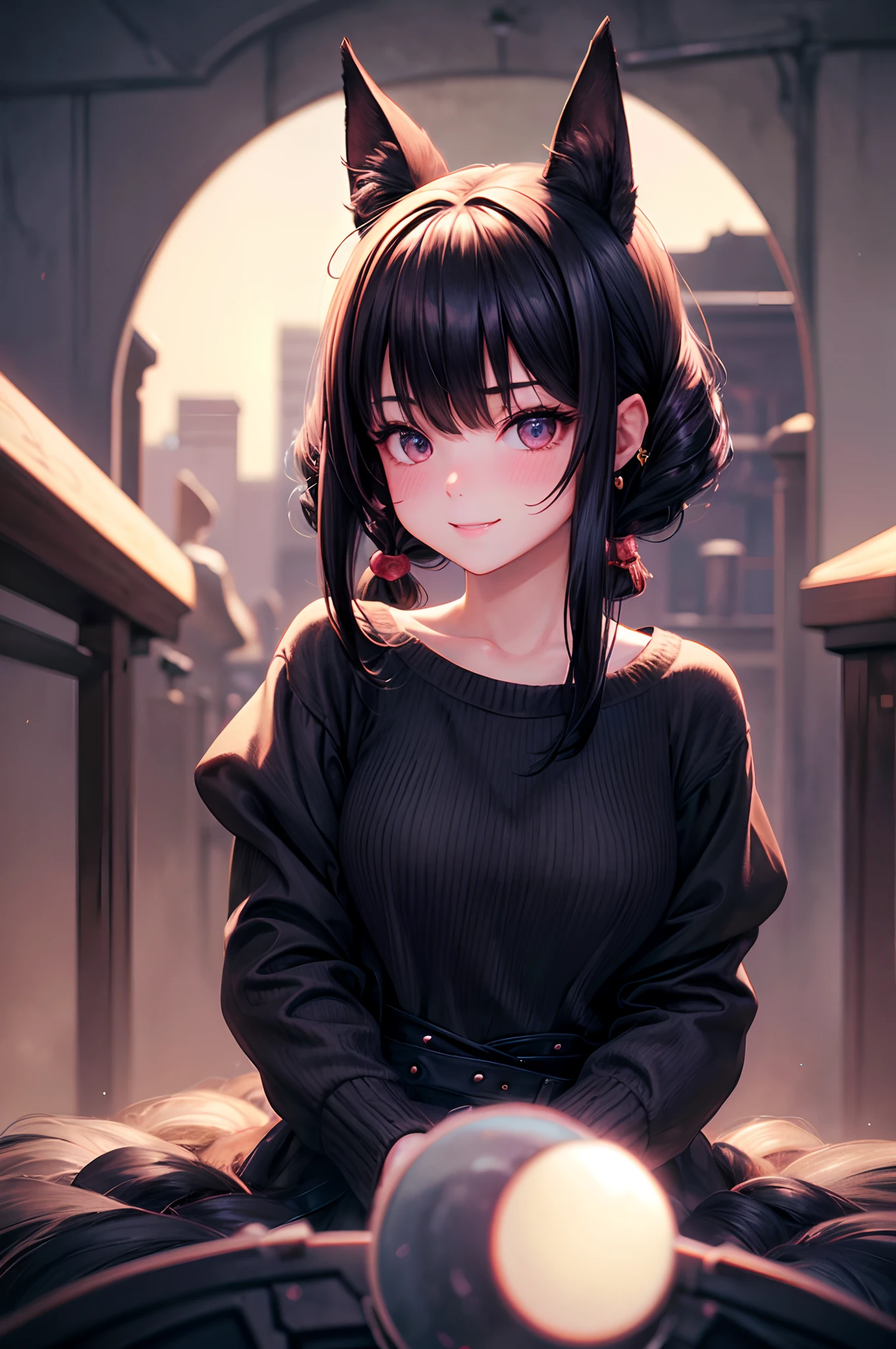 brunette color hair、whair、wince、long eyelasher、Solid round eyes、fakeanimalears、Light smile、Ear blush、fang、ultra-realistic realism、shadowing、stereograms、Standing painting、pov、atmosphric perspective、8k、super detailing、precise, Best quality at best