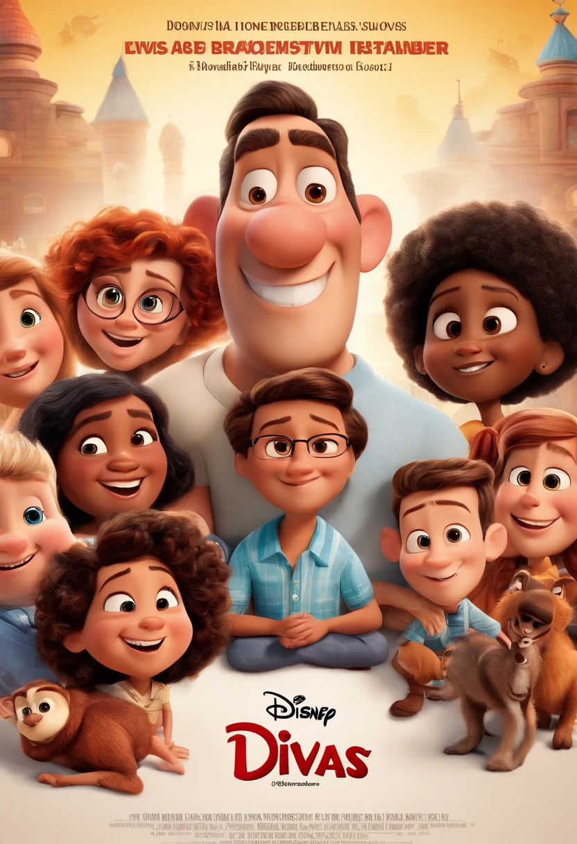 Disney Pixar -inspired movie poster with title Diivas December 47th in theaters, homem, jovem 22 anos, cabelos castanhos escuros longos, usa oculos, regata branca
