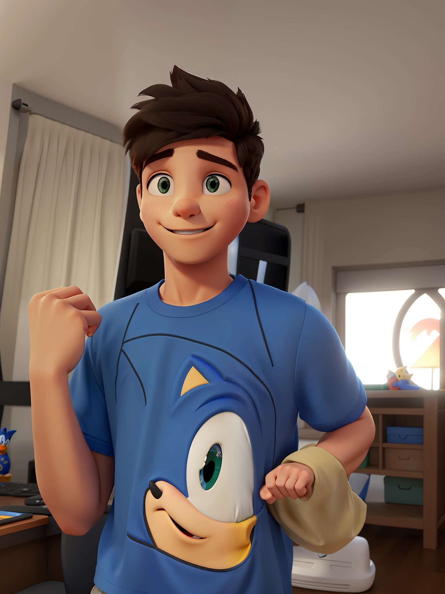 Um menino branco vestindo a camisa do Sonic