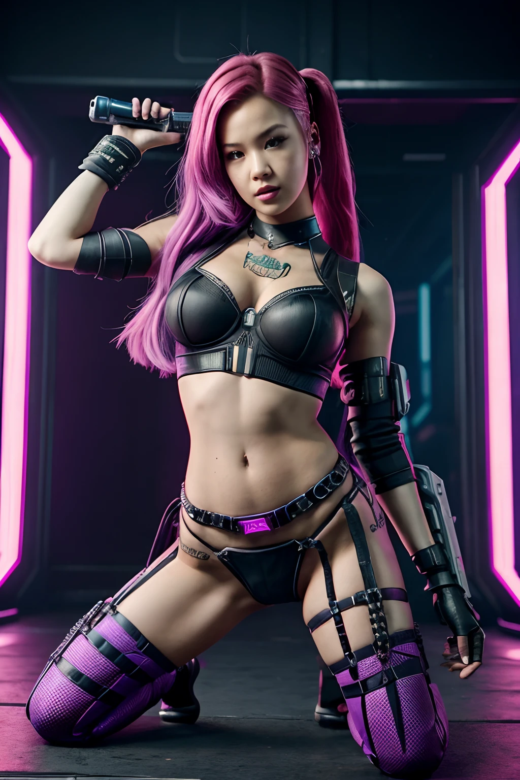 (((Rosie blackpink))) dressed in cosplay of ((jinx))(front view) (open legs) (M-shaped) araffe cosplaying with a gun and a purple outfit, jinx from league of legends, jinx from arcane, vi from league of legends, alice in wonderland cyberpunk, vi from arcane, cyberpunk angry gorgeous goddess, arcane jinx, in cyberpunk style, seductive cyberpunk dark fantasy, oppai cyberpunk, cyberpunk 2 0 y. o model girl, cyberpunk vibes, fit belly, skinny, bare belly, mini top, panties is to small, mini thong, mini panty (one knee on the floor)
