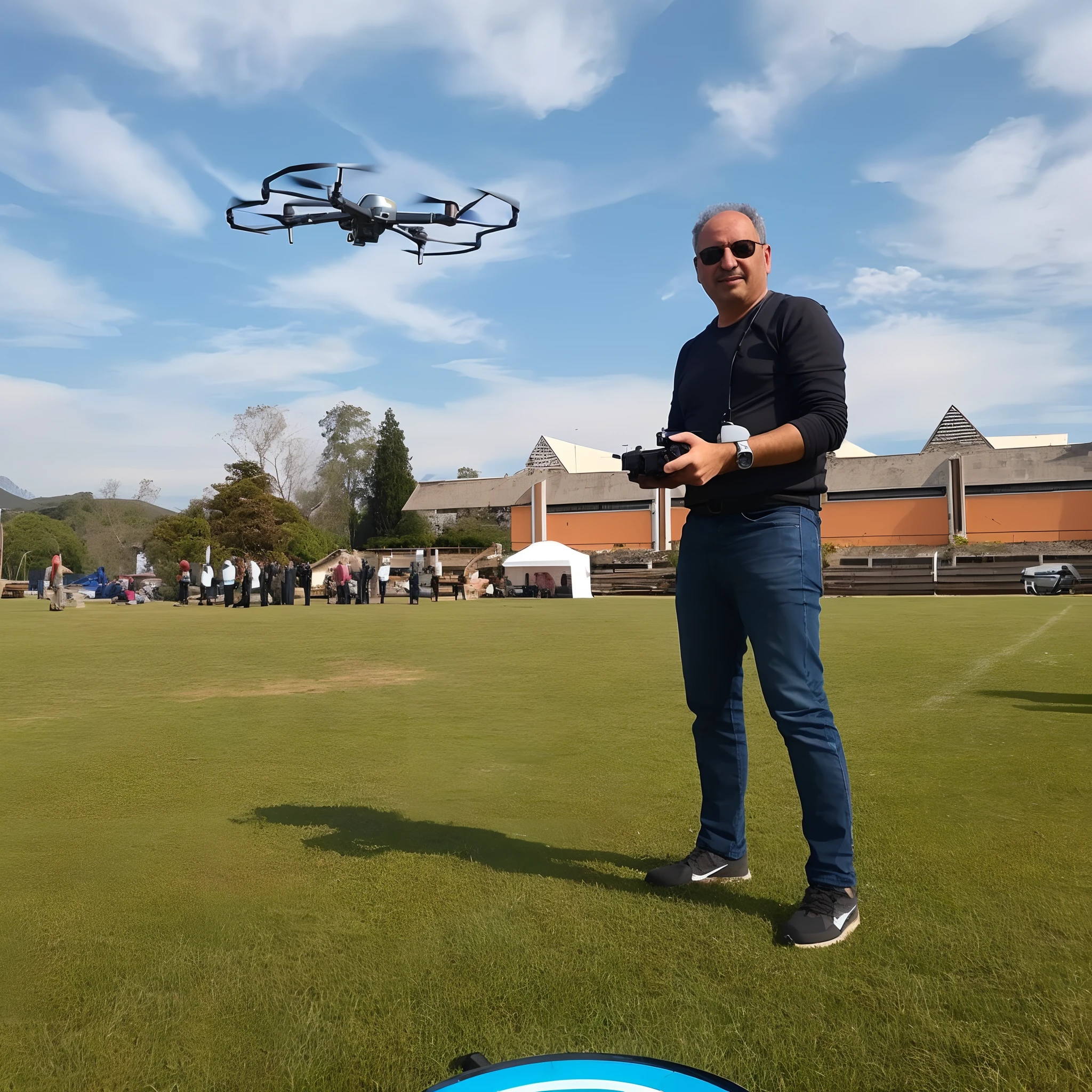 Arafed man standing in a field with a remote control flying a drone, Perspective of the drone, O Rei dos Drones, Drones voadores, Fotograpghy drone, tiro no ar, Drone Wide Shot, flying towards the camera, drone, Imagens de Drones, tiro voador, fotografia de Drones, Assumido em Go Pro Hero8, Drones, View of the drone, fpv, Drone shooting, alta qualidade, melhor qualidade