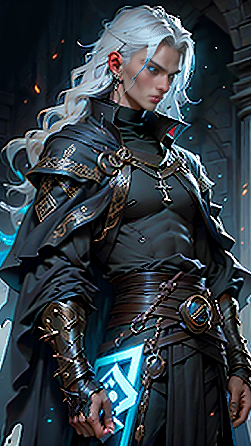 Handsome, tall, blue eyes, black robes, long swords, mysterious runes, towering cheekbones, heroic aura, the best quality, ultra-detail,