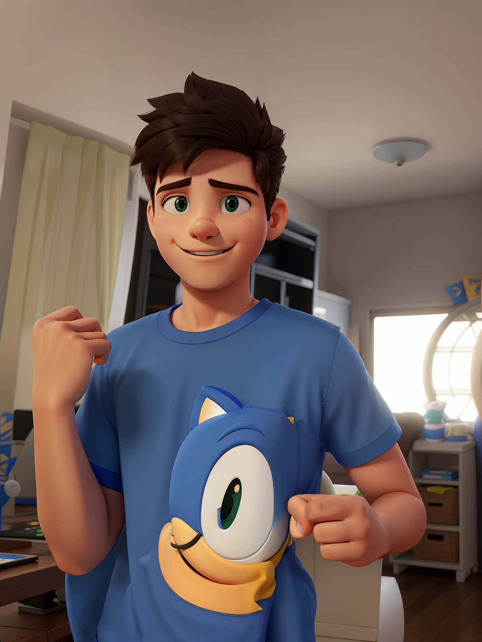 Um branco vestindo a camisa do Sonic