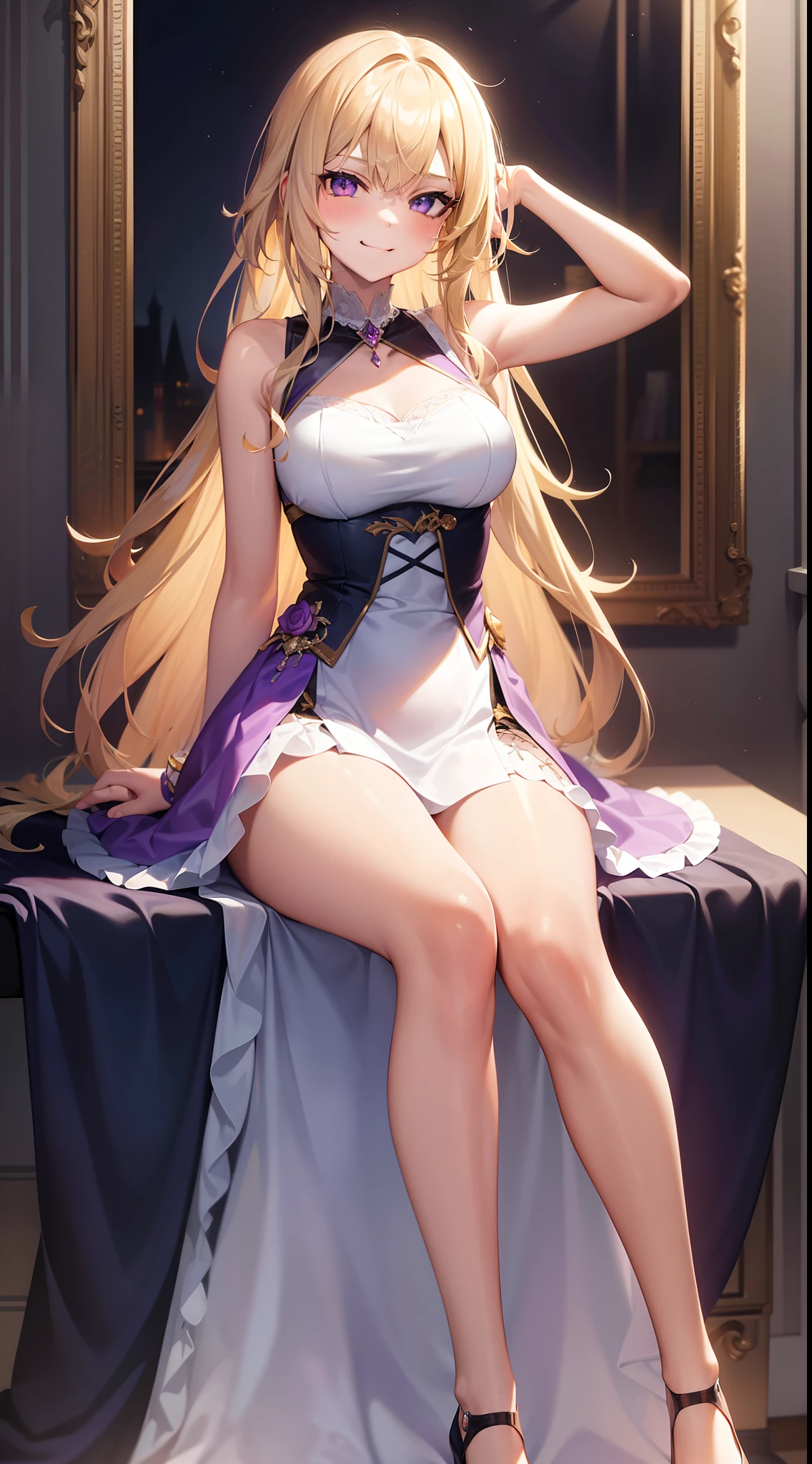 young girl, longue blonde hair, violet eyes, princess dress, Sleeveless, open breasts, smirk, exposed legs, Masterpiece, hiquality, 4k, HD, Good detail