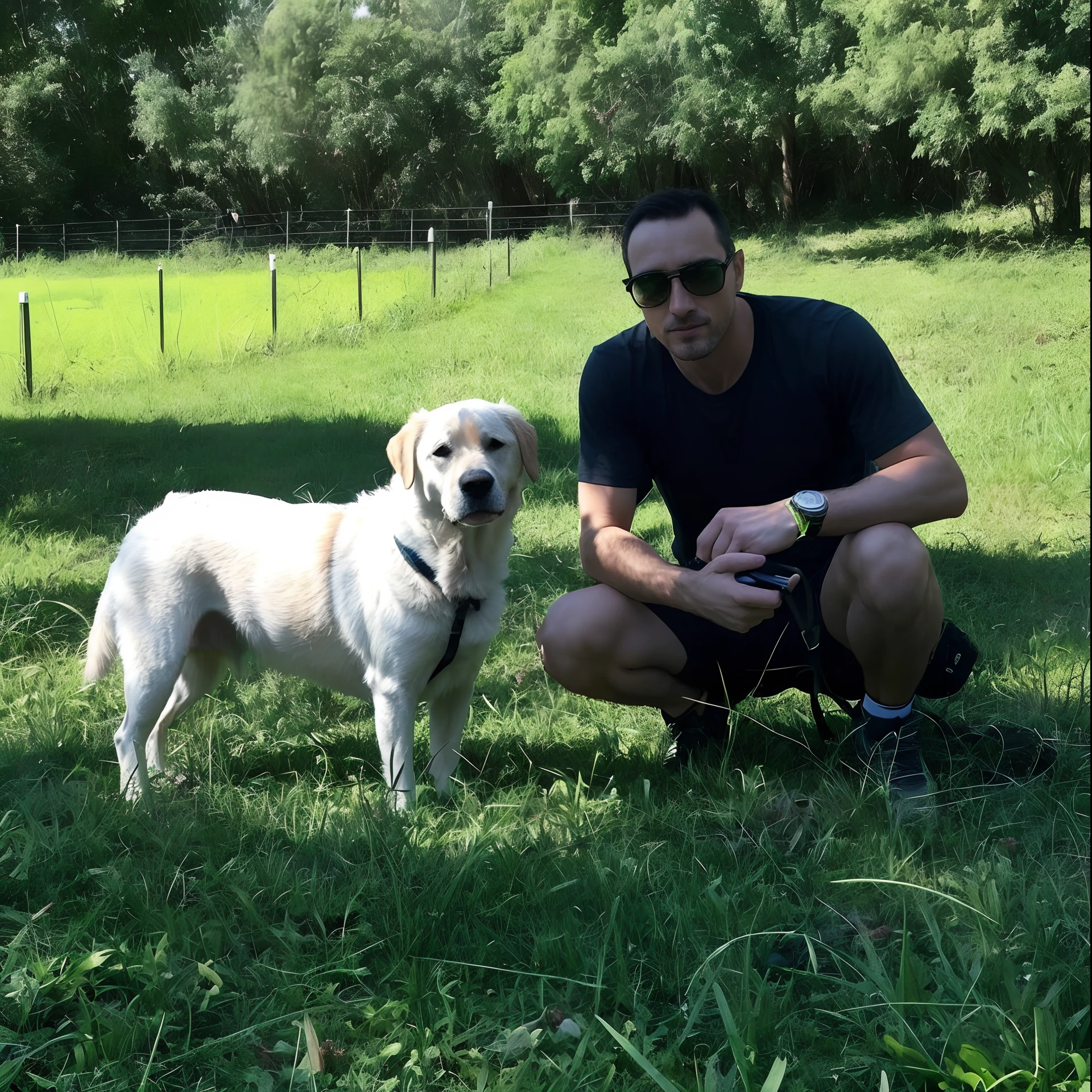 There is a man kneeling with a dog in the grass, lab in the background, with his hyperactive little dog, por Dicky Doyle, pet animal, John Picacio e Brom, Bowater Charlie e Brom Gerald, with dogs, no parque, macho, sombrio, em um parque, Caminhando no Parque, cane, 2 5 I, Me ajuda