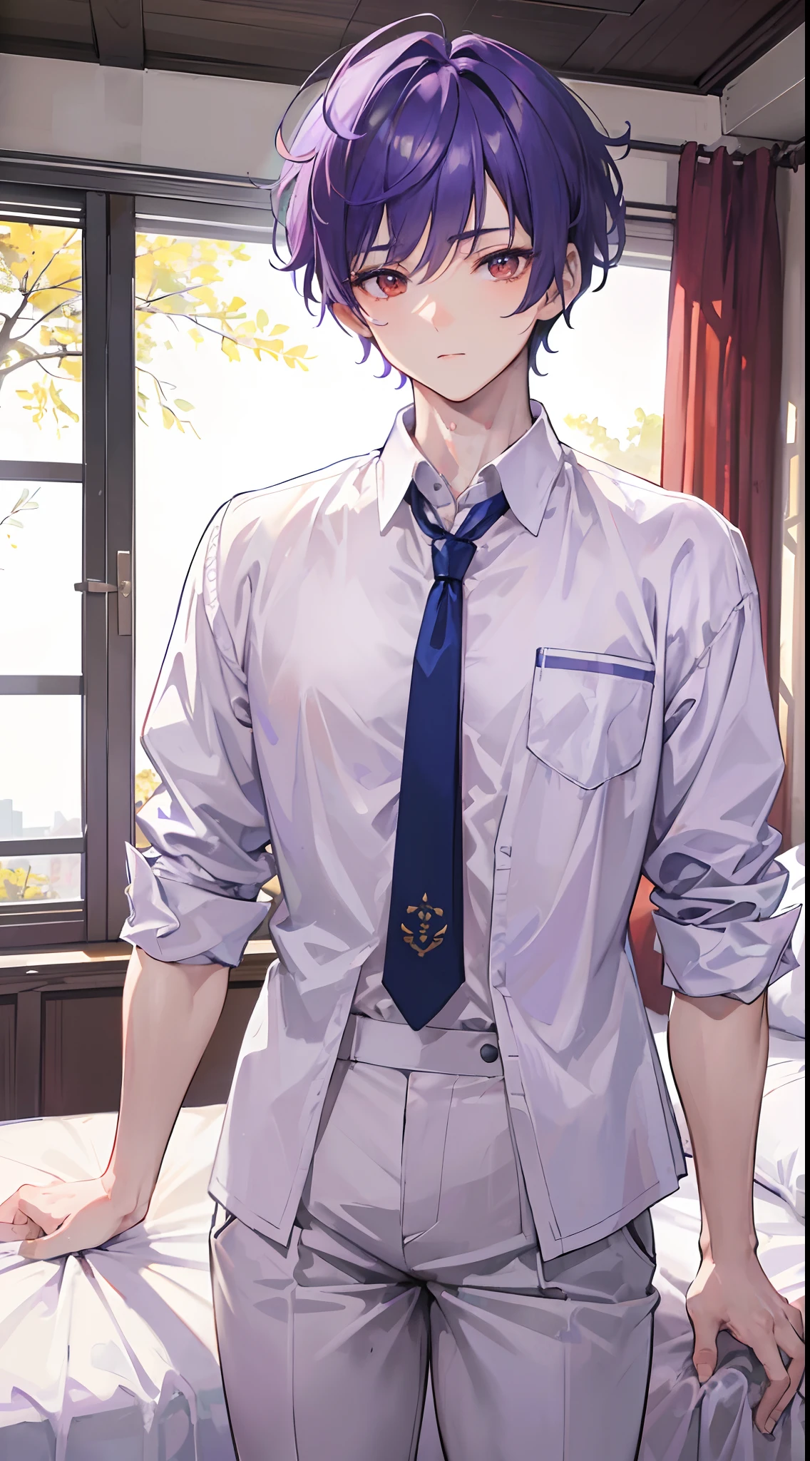 (1 Adult male),A high resolution, Sharp focus, Pixiv masterpiece, ((Complicated details)), highly detailed, natsuki_subaru, 1 man, with her mouth open,full bodyesbian,sit astride, Purple eyes(glowing light eyes), Short thin purple hair,white shirt,Wear a tie,Wear a belt,perspire,look from down