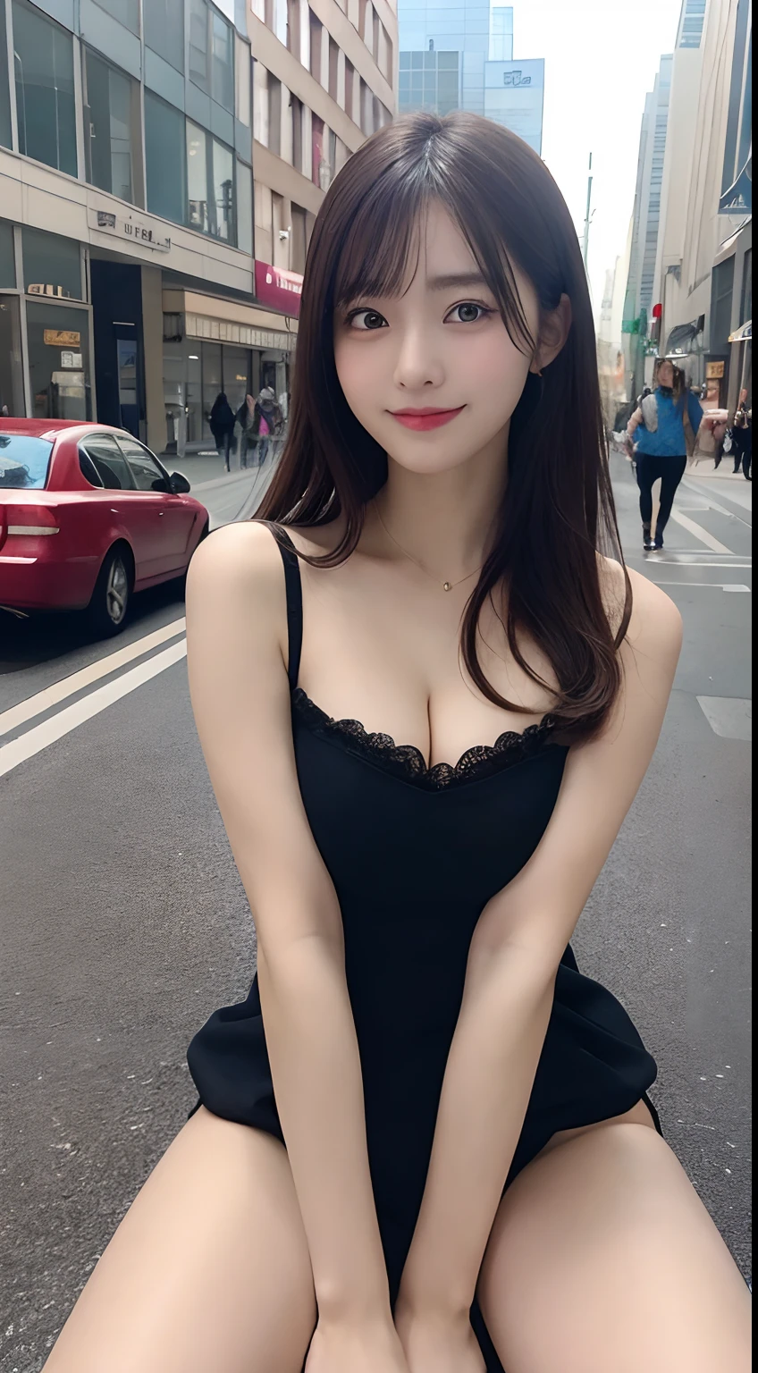 1girll、Masterpiece Mastepiece, Best Quality, Illustration, Ultra-detailed, finely detail, hight resolution, high-level image quality、8K Wallpaper, a Korean girl、韓国アイドル、Perfect dynamic composition, Beautiful detailed eyes, Random Dresses,Medium Hair, cleavage of the breast, Natural Color Lip, ((Spread your legs apart))、((I can see panties)),Beautiful skin、Smile,Street Walk、20 years girl