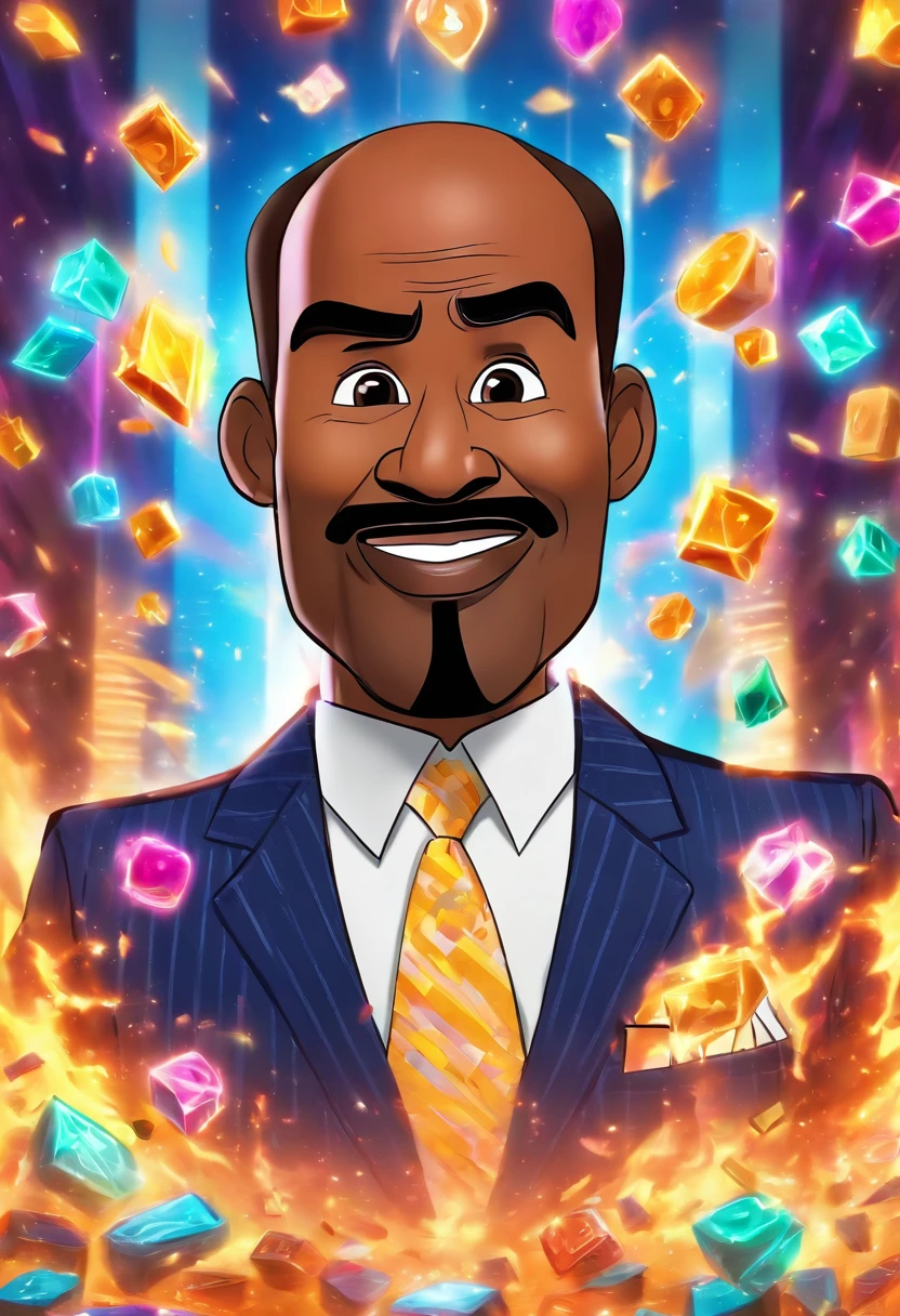 steve harvey as a cartoon on an animated family fued studio set