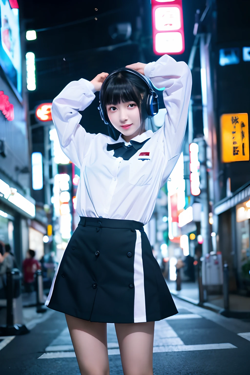 (1girl in),Japan at 25 years old,Medium head of black hair, White headphones,Black tie,White shirt with long sleeves,Black pants,In the background, it is dark with a cyber factory lit up in blue,Full body photo standing、Amazing face and eyes, ((Best Quality)), (Ultra-detailed), (extremely detailed CG unified 8k wallpaper), Highly detailed, High-definition raw color photos, Professional Photography,Jumping and spreading arms pose