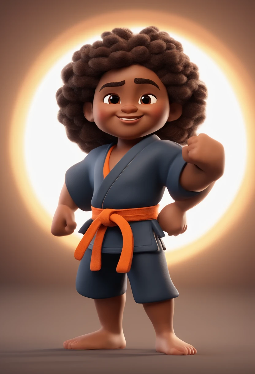 cartoon character of a 7 , with dark skin, curly brown hair like Moana, with a black jiu-jitsu kimono with a white belt, animation character, Stylized character, background of a martial arts gym, rendering animation style, 3D stylized, Arnold Maya render, 3d stylized rendering, toon rendering keyshot, 3D Character, 3D Character, Stylized 3D rendering, 3D character rendering, cartoon character, Close up character, Character pose , (Pixar Style) (Masterpiece:1.2) (Bokeh) (Best Quality) (Detailed Skin) (Detailed Texture) (8k) (Clay) (Cinematic Lighting) (Sharp Focus)