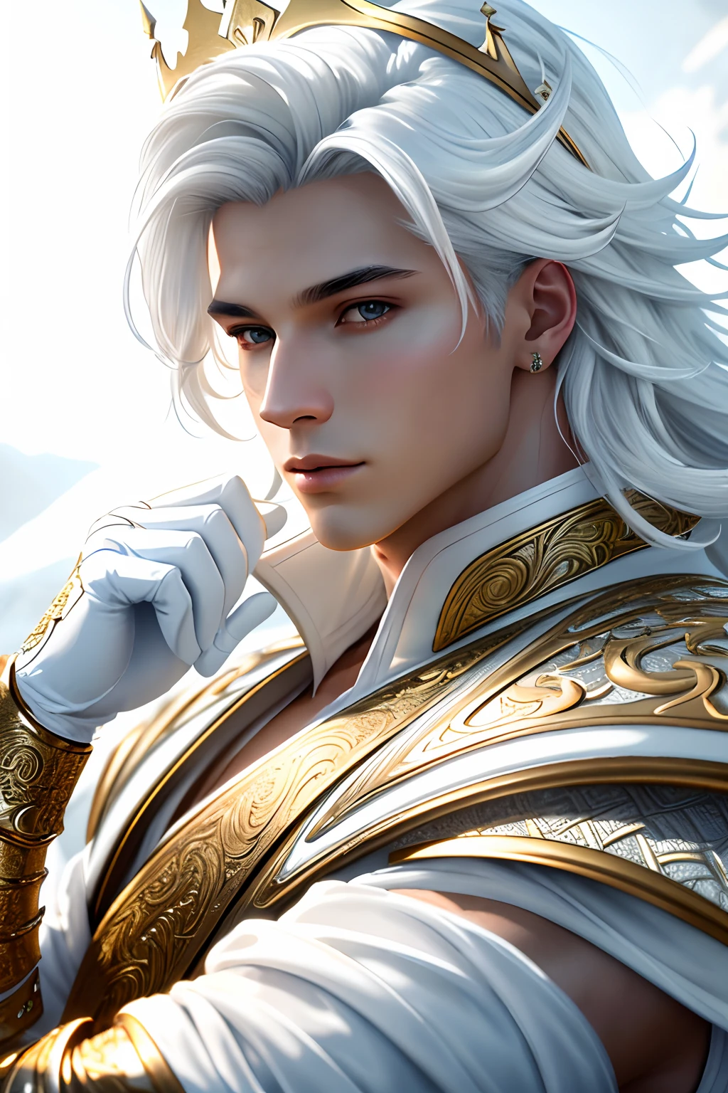 masterpiece, ultra detailed photography of a gorgeous humanoid dragon male, 1guy, (((male))), perfectly drawn face, wearing a luxury white battle armor, luxurious gloves, 8k resolution, photorealistic, ultra-high quality, long hair, king, opulent detailed background, covered navel, 32k, short white hair, full lips, curvy guy, perfect anatomy, cinematic lighting, intricately detailed, white tetradic color, volumetric lighting