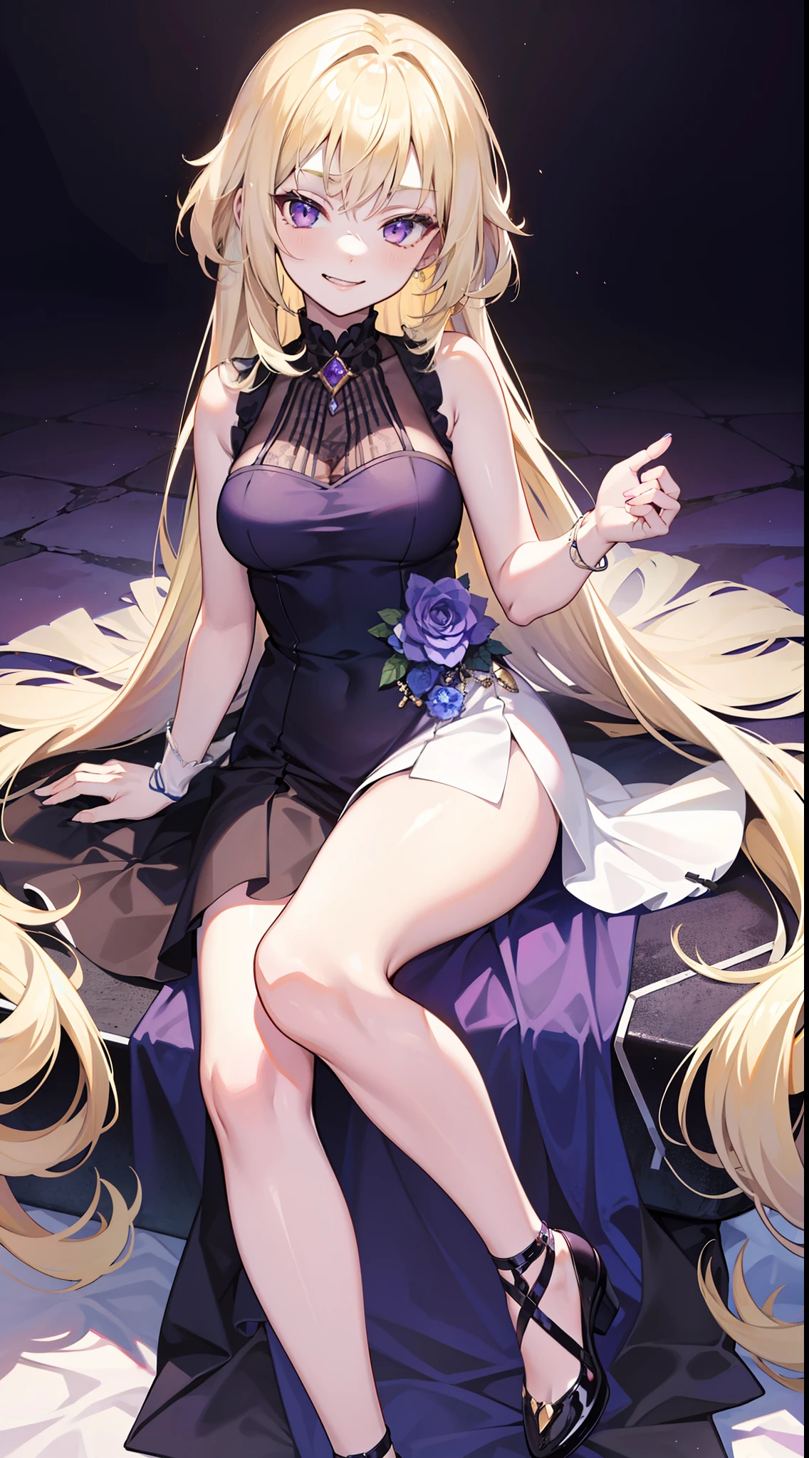 young girl, longue blonde hair, violet eyes, princess dress, Sleeveless, open breasts, smirk, exposed legs, Masterpiece, hiquality, 4k, HD, Good detail