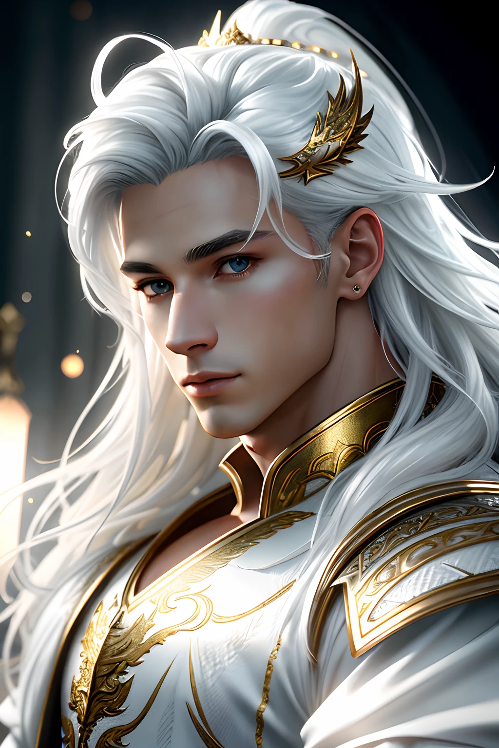 masterpiece, ultra detailed photography of a gorgeous humanoid dragon male, 1guy, (((male))), perfectly drawn face, wearing a luxury white battle armor, luxurious gloves, 8k resolution, photorealistic, ultra-high quality, long hair, king, opulent detailed background, covered navel, 32k, short white hair, full lips, curvy guy, perfect anatomy, cinematic lighting, intricately detailed, white tetradic color, volumetric lighting