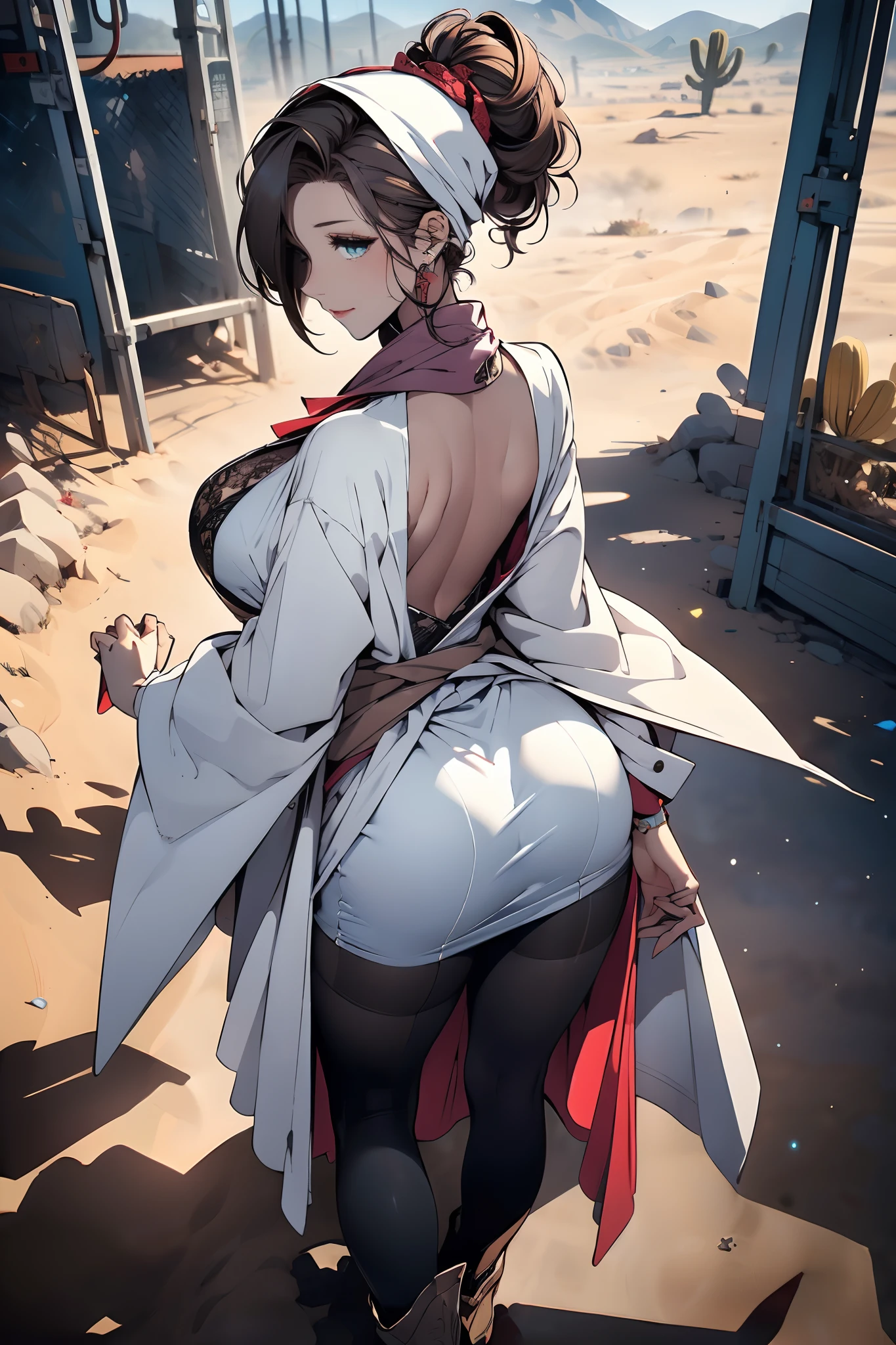 a matured woman with long black hair and a white outfit, ((in a desert:1.5)), (resting in oasis:1.2, near lakeside:1.2, cross-legged:1.1), Arabic, (Post apocalyptic:1.0), from arknights, artwork in the style of guweiz, bodyesbian, fine details. girls frontline, beautiful anime illustration, from girls frontline, by Yang J, stunning, 26 years old, (solo:1.5), (sfw:1.25), sagging breast, large breasts, big tits, thin waist, big ass, Raised sexy, (dark mahogany medium short hair, updo, hair over one eye, asymmetric hair, Carly hair, low tied),(musulman, white Headscarfs, hair bands, head vandage, Turban), (ultra high resolution, 8K RAW photo, photo realistics, weak outline:1.3, clear focus), best qualtiy, natural lighting, blurry back ground, field depth, (Bright pupils, detailed beautiful eyes, high detailed face), Red lip, looking at viewers, (tight focus:1.2, from above), sexy posing, seductive weak smiling, center image, (wearing white long jacket and clothes, wearing white robes, platinum ornaments, white clothes rolling around waist, camel-brown long leather boots, translucent lace pantyhose), ((correct anatomy:1.5)), ((outdoor:1.2)),